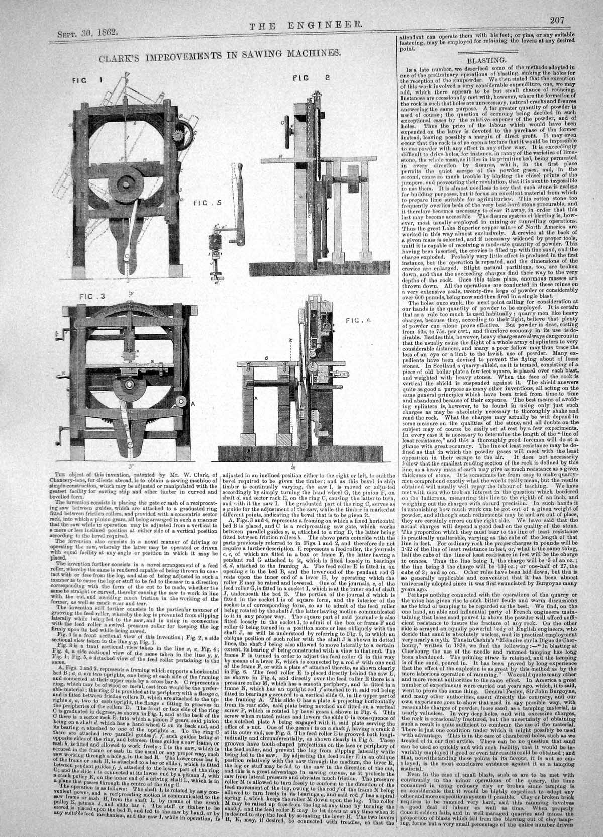 Old Print Engineering 1864 Invention Clark Improvements Sawing Machinery 19th