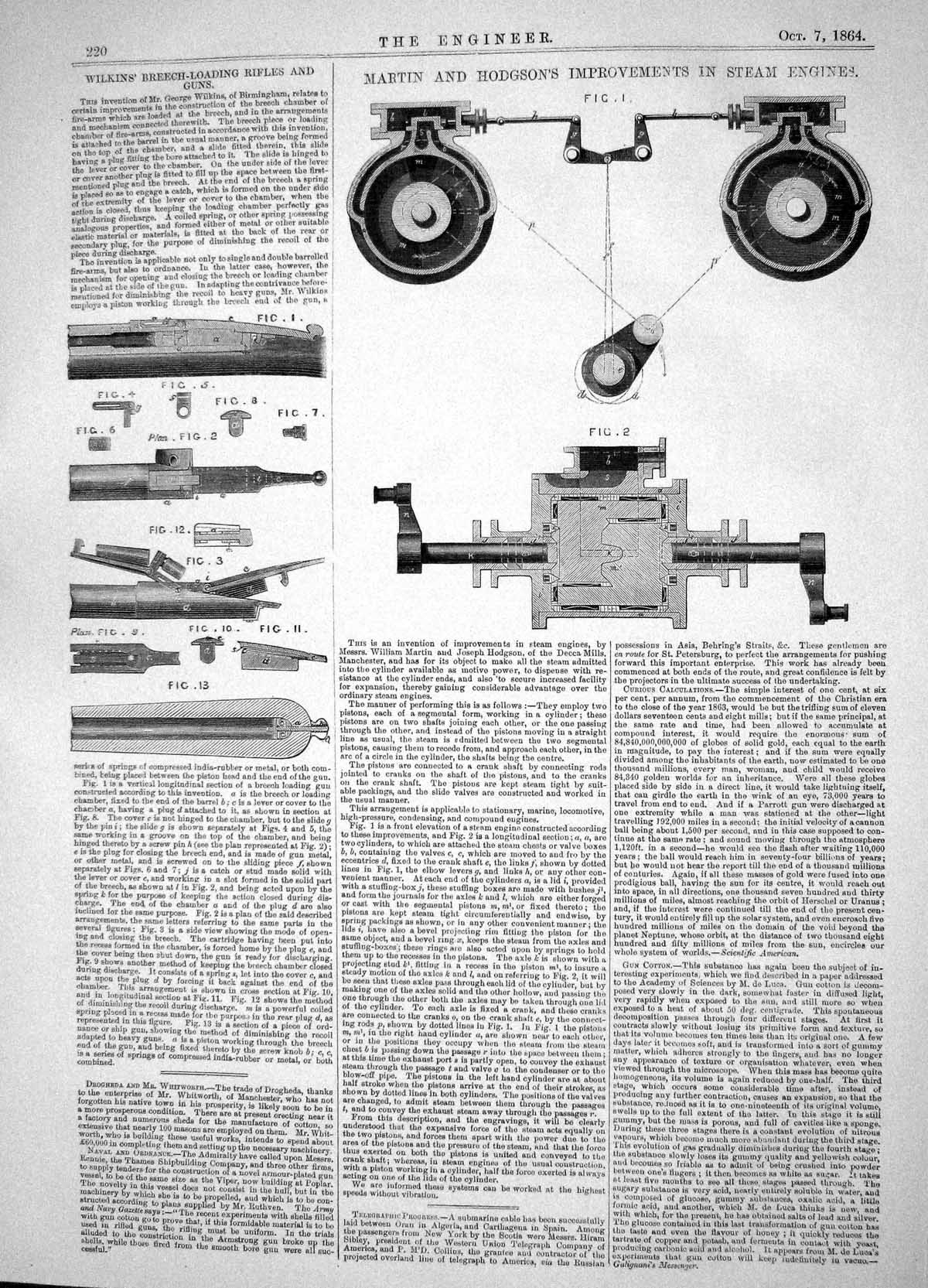 Old Print 1864 Wilkins Rifle Guns Martin Hodgson Steam Engines Machinery 19th