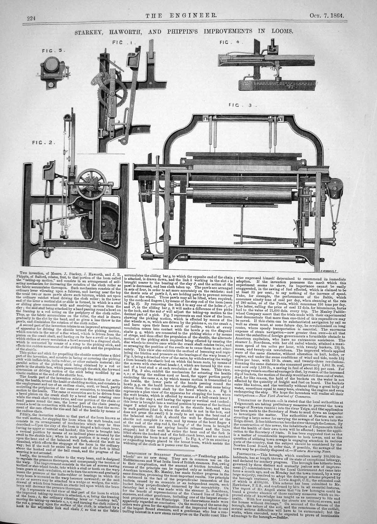 Old Engineering 1864 Starkey Haworth Phippin Improvements Looms Machi Victorian