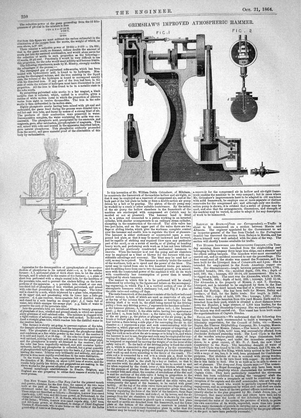 Old Print Engineering 1864 Grimshaw Improved Atmospheric Hammer Machinery 19th