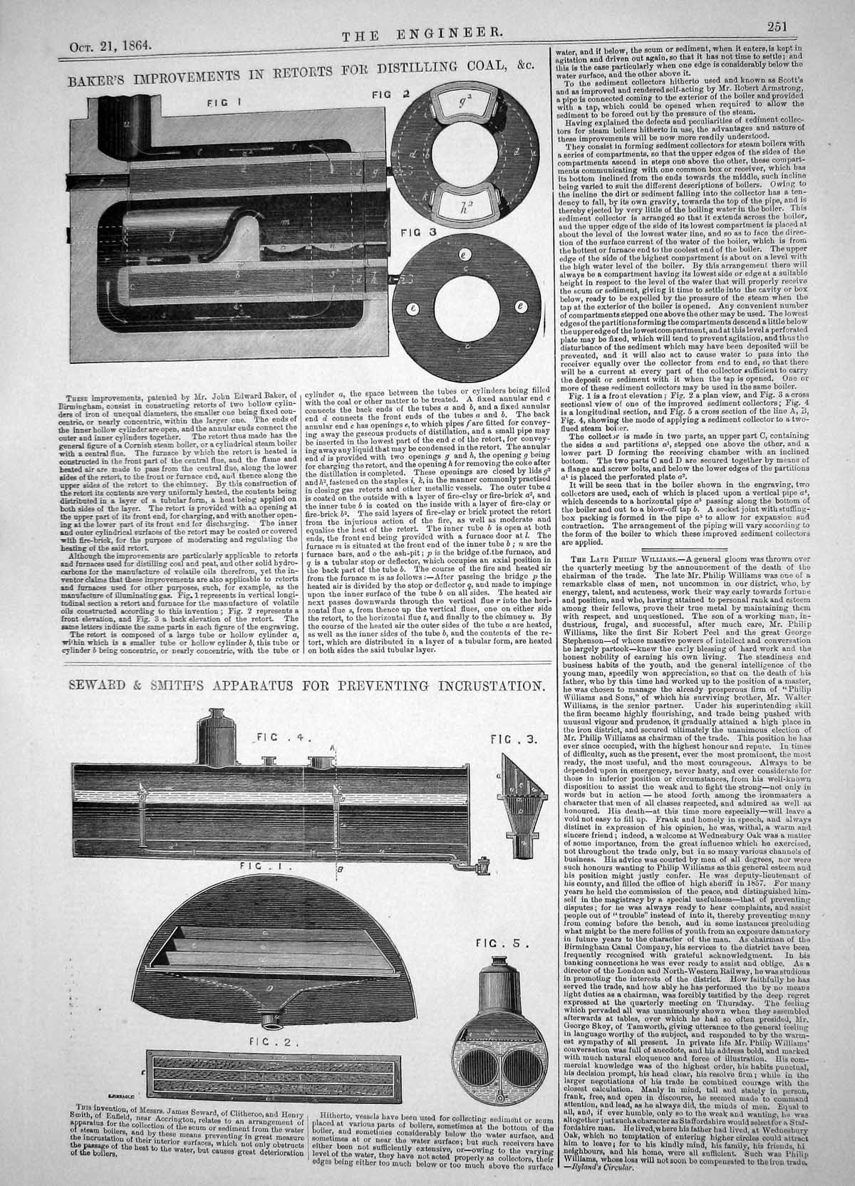 Antique Print 1864 Baker Retorts Distilling Coal Seward Smith Incrustation 19th