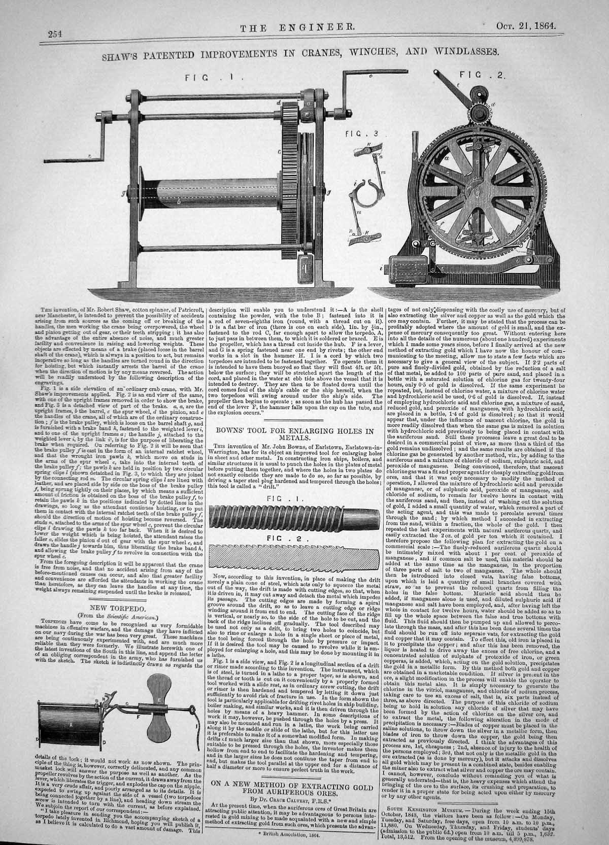 Antique Old Print 1864 Shaw Cranes Winches Windlasses New Torpedo Browns Tool
