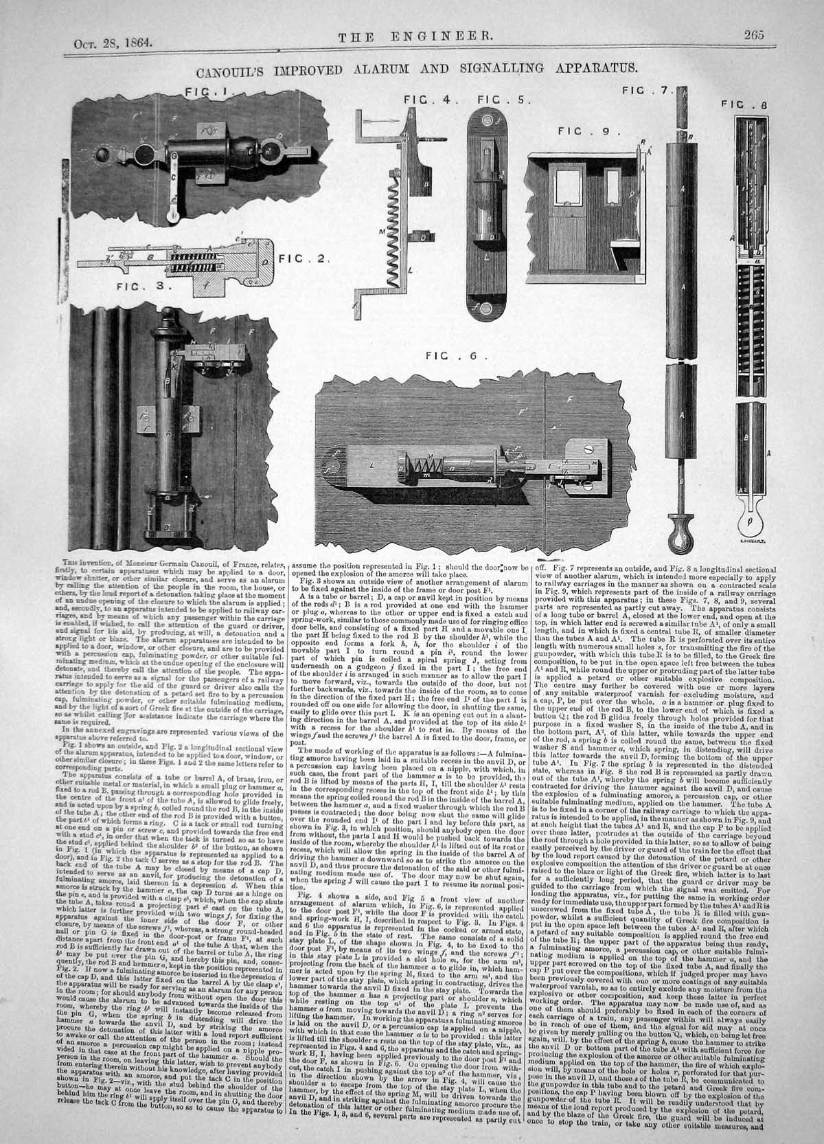 Old Engineering 1864 Germain Canouil Improved Alarum Signalling Appar Victorian
