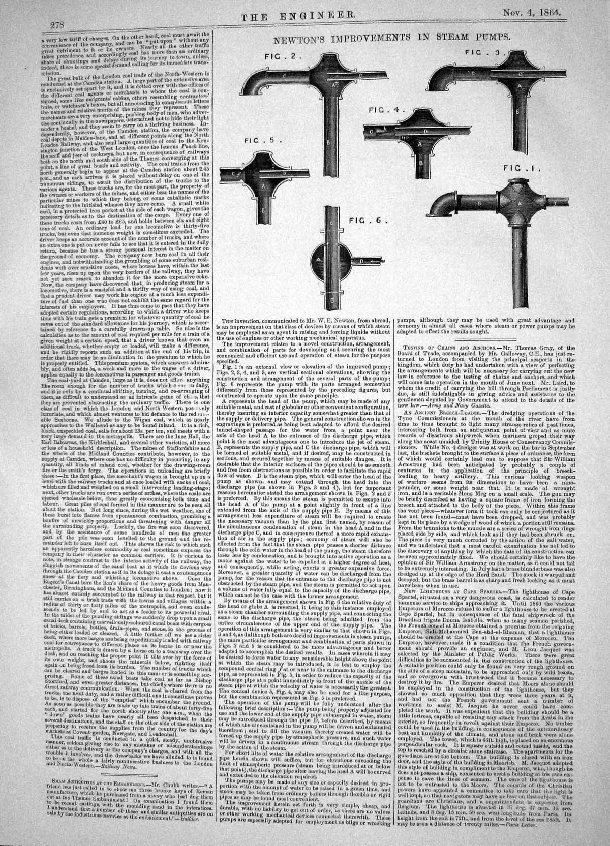 Antique Old Print Engineering 1864 Invention Newton Improvements Steam Pumps