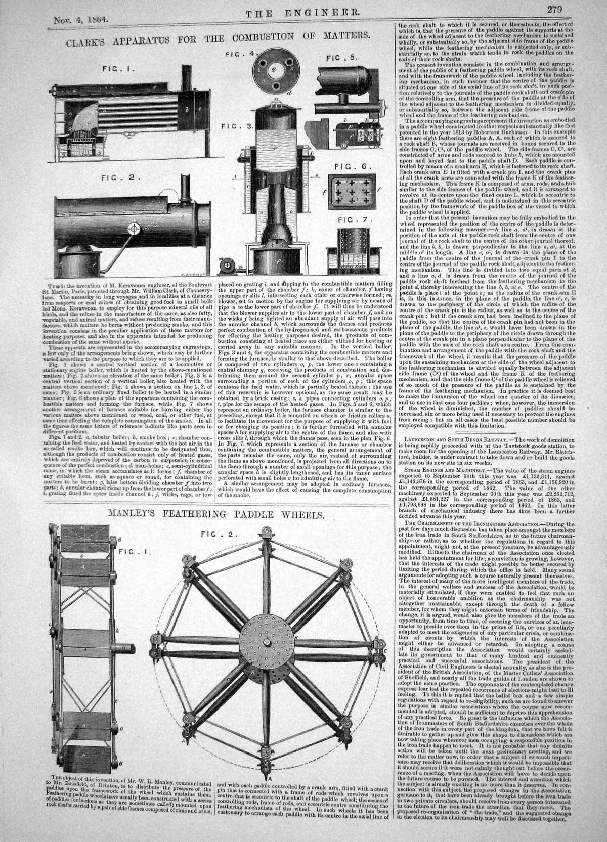 Antique Print 1864 Clark Apparatus Combustion Matters Manley Paddle Wheels 19th