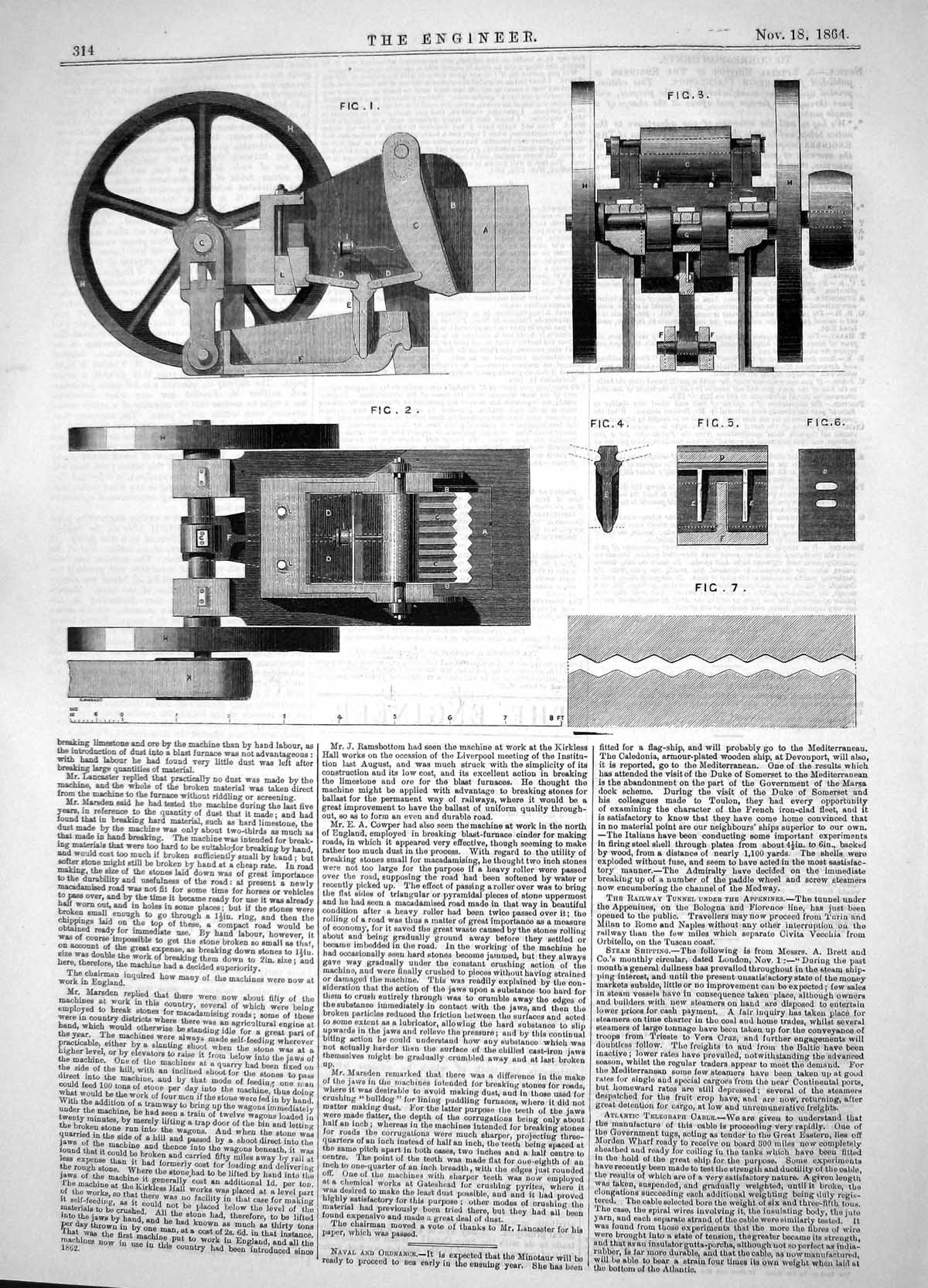 Antique Print 1864 Machinery Breaking Limestone Ore Kirkless Hall Ironworks