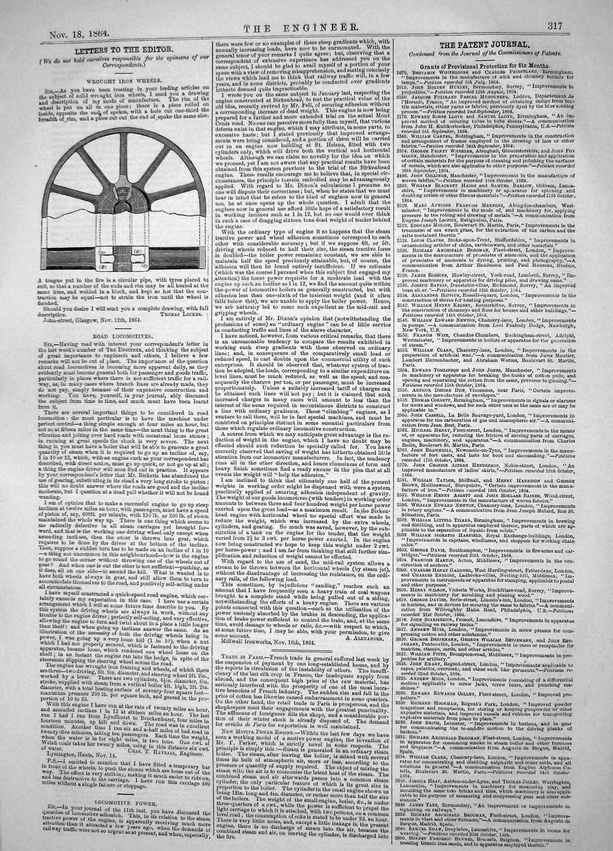 Original Old Antique Print Engineering 1864 Wrought Iron Wheels Thomas Locker