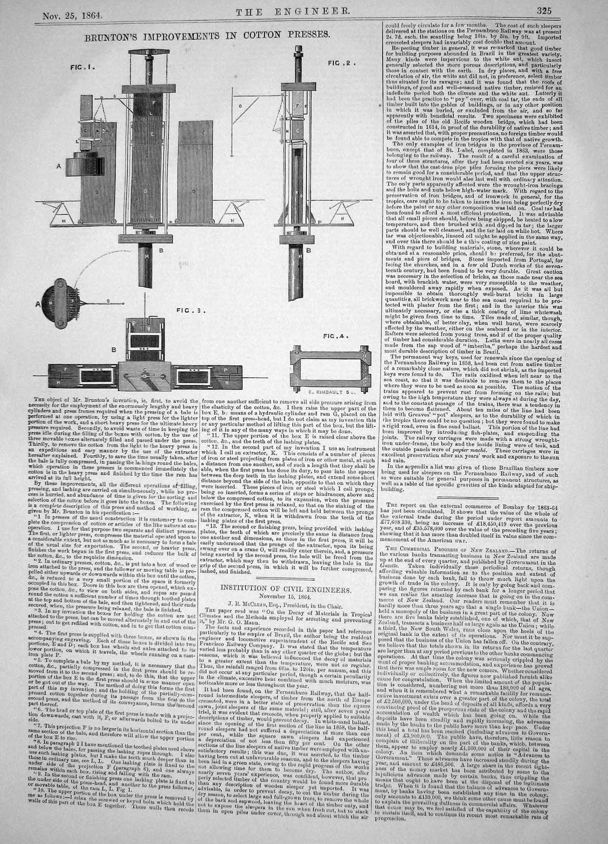 Old Print Engineering 1864 Brunton Improvements Cotton Presses Invention 19th