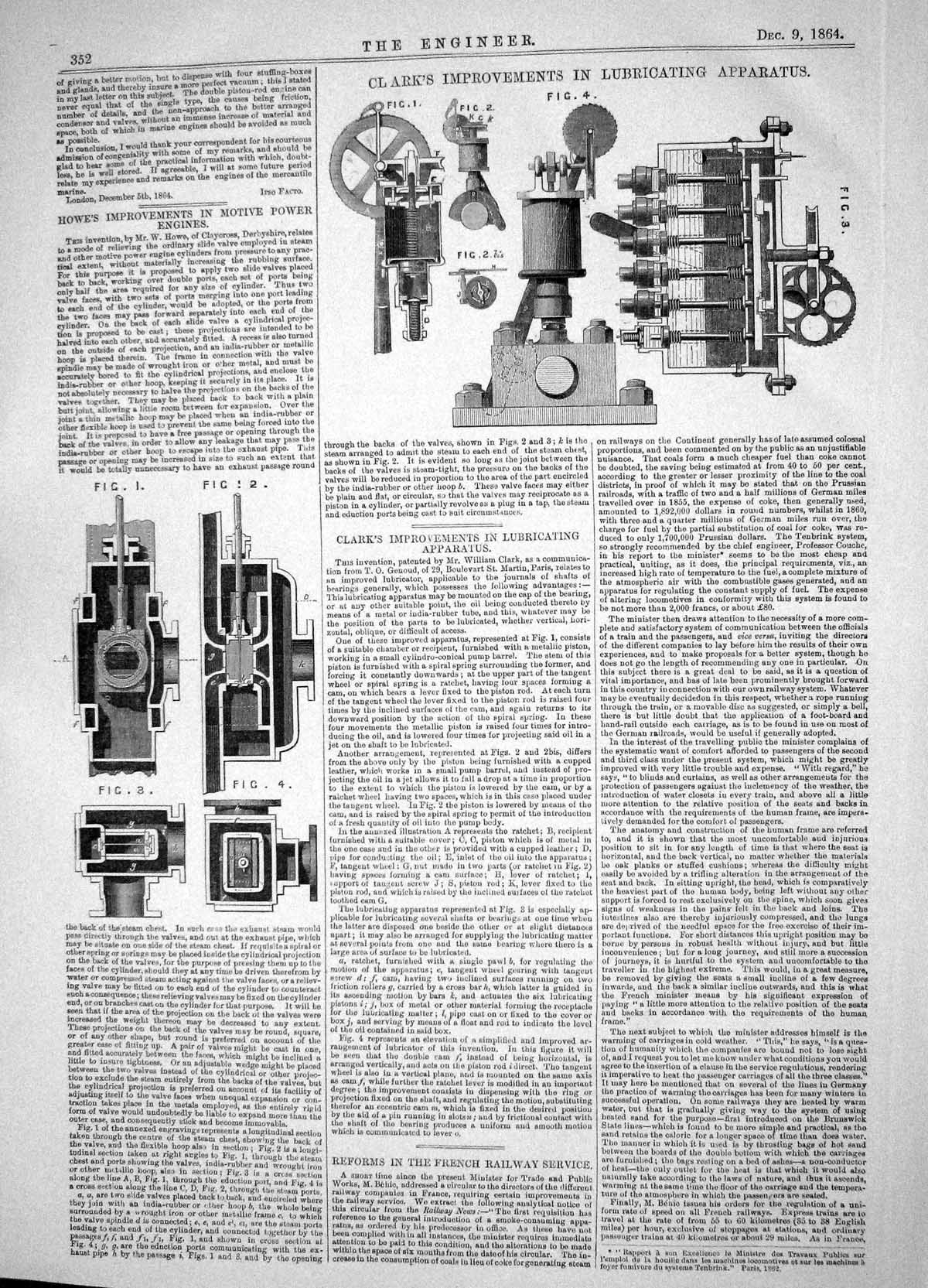Antique Old Print 1864 Howe Motive Power Engines Clark Lubricating Apparatus