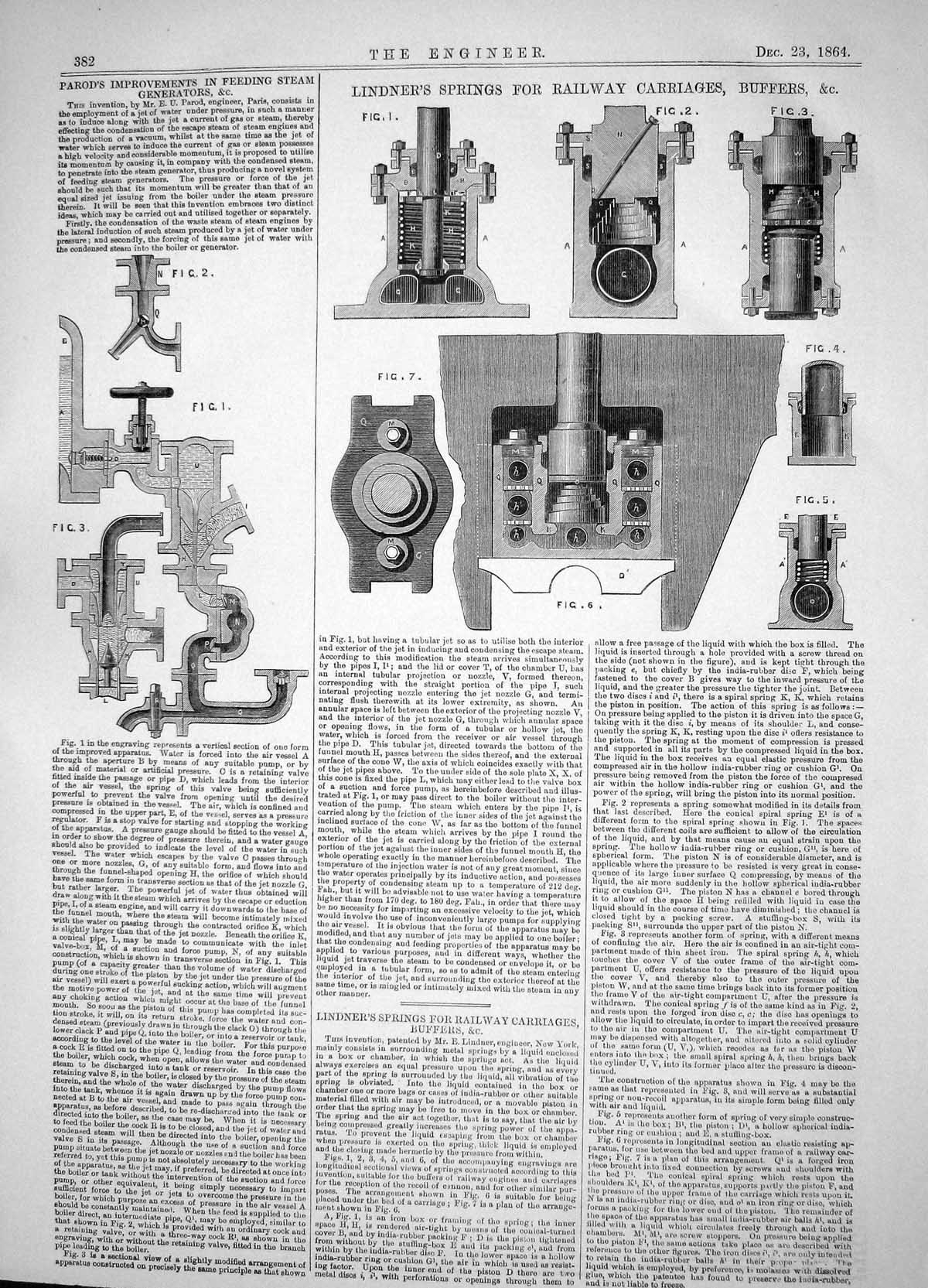 Antique Print 1864 Parod Steam Generator Lindner Springs Railway Carriages 19th