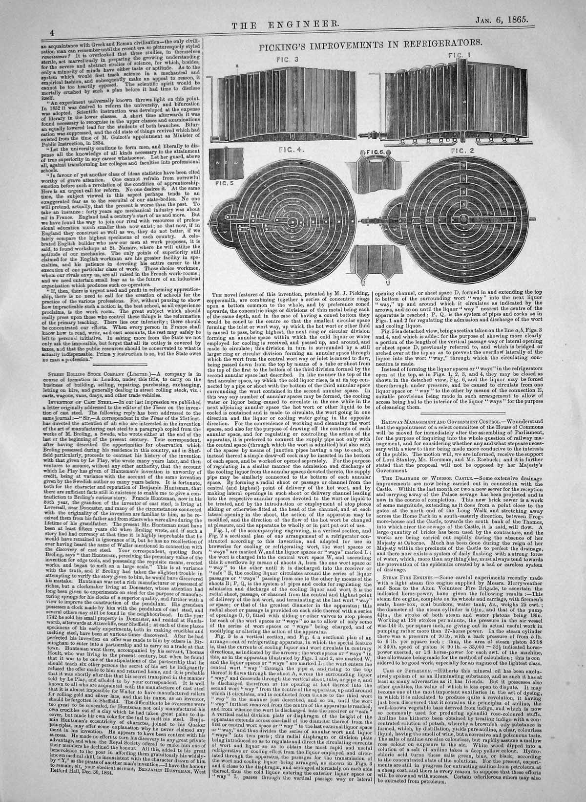 Antique Print Engineering 1865 Invention Picking Improvements Refrigerators