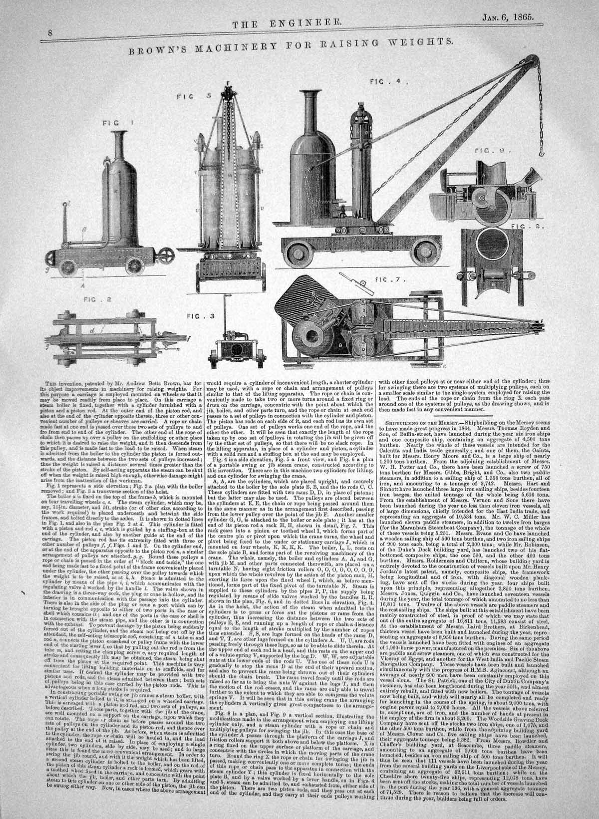 Antique Old Print 1865 Invention Andrew Betts Brown Machinery Raising Weights