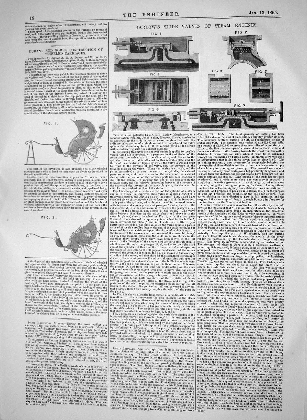 Old Print 1865 Durant Gore Wheeled Carriages Barlow Valves Steam Engines 19th
