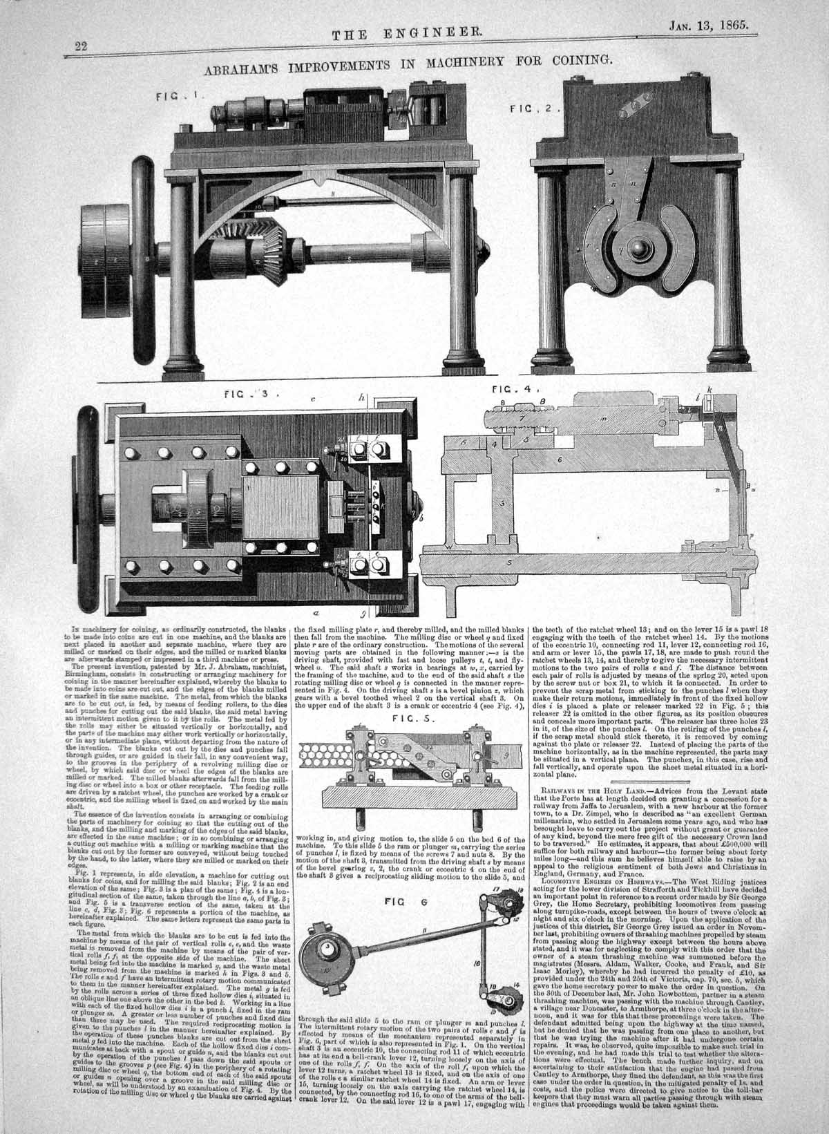Old Antique Print Engineering 1865 Abraham Improvements Machinery Coining 19th
