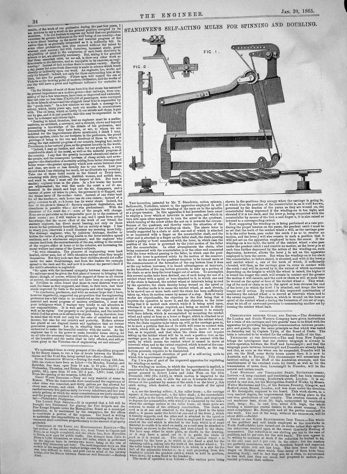 Antique Print 1865 Standeven Self-Acting Mules Spinning Doubling Machinery 19th