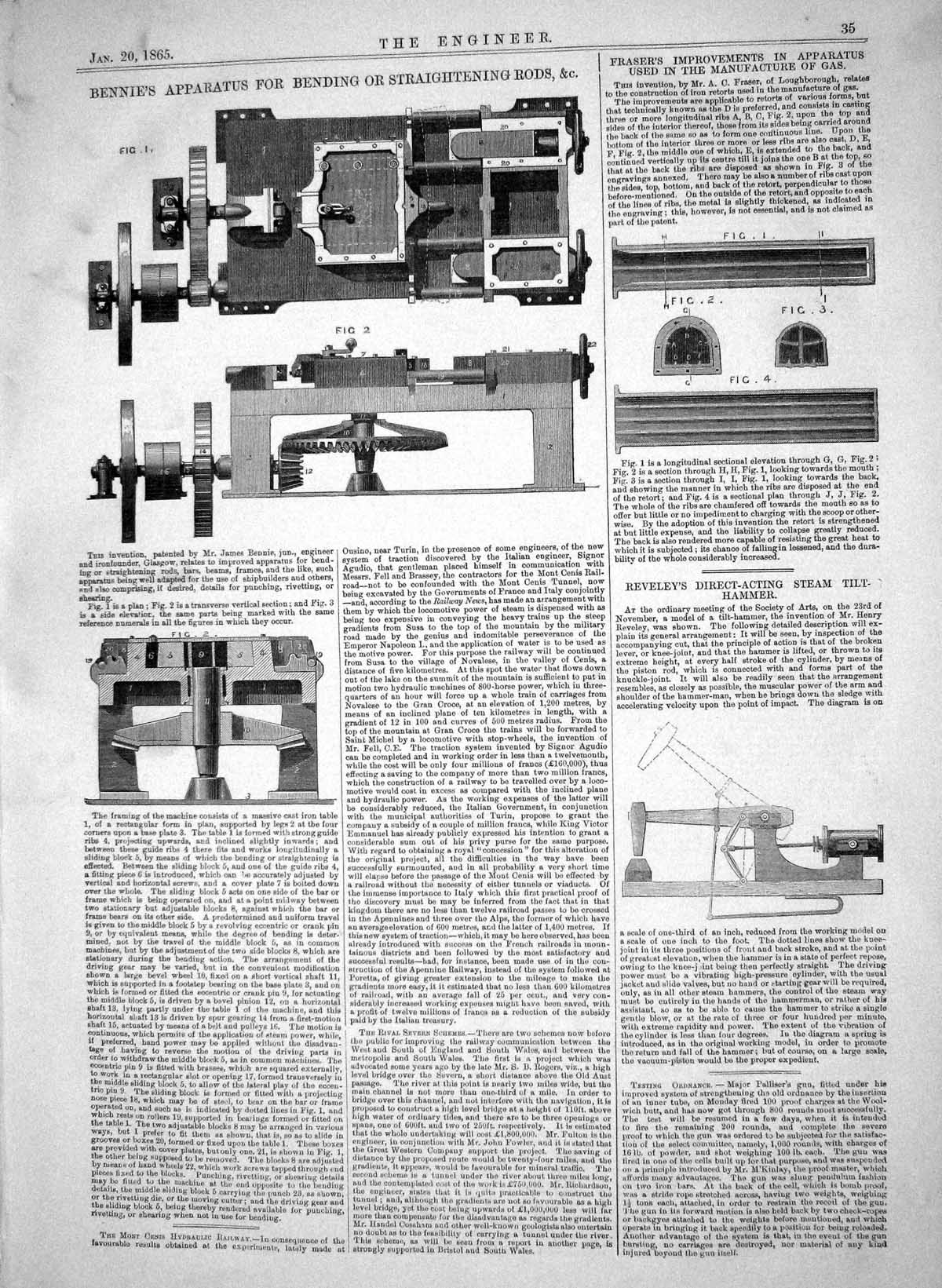 Antique Old Print 1865 Bennie Apparatus Bending Straightening Rods Fraser Gas