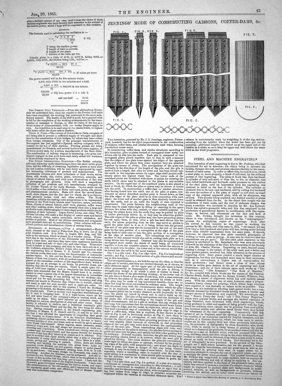 Old Print Jennings Mode Constructing Caissons Coffer-Dams 1865 Machinery 19th