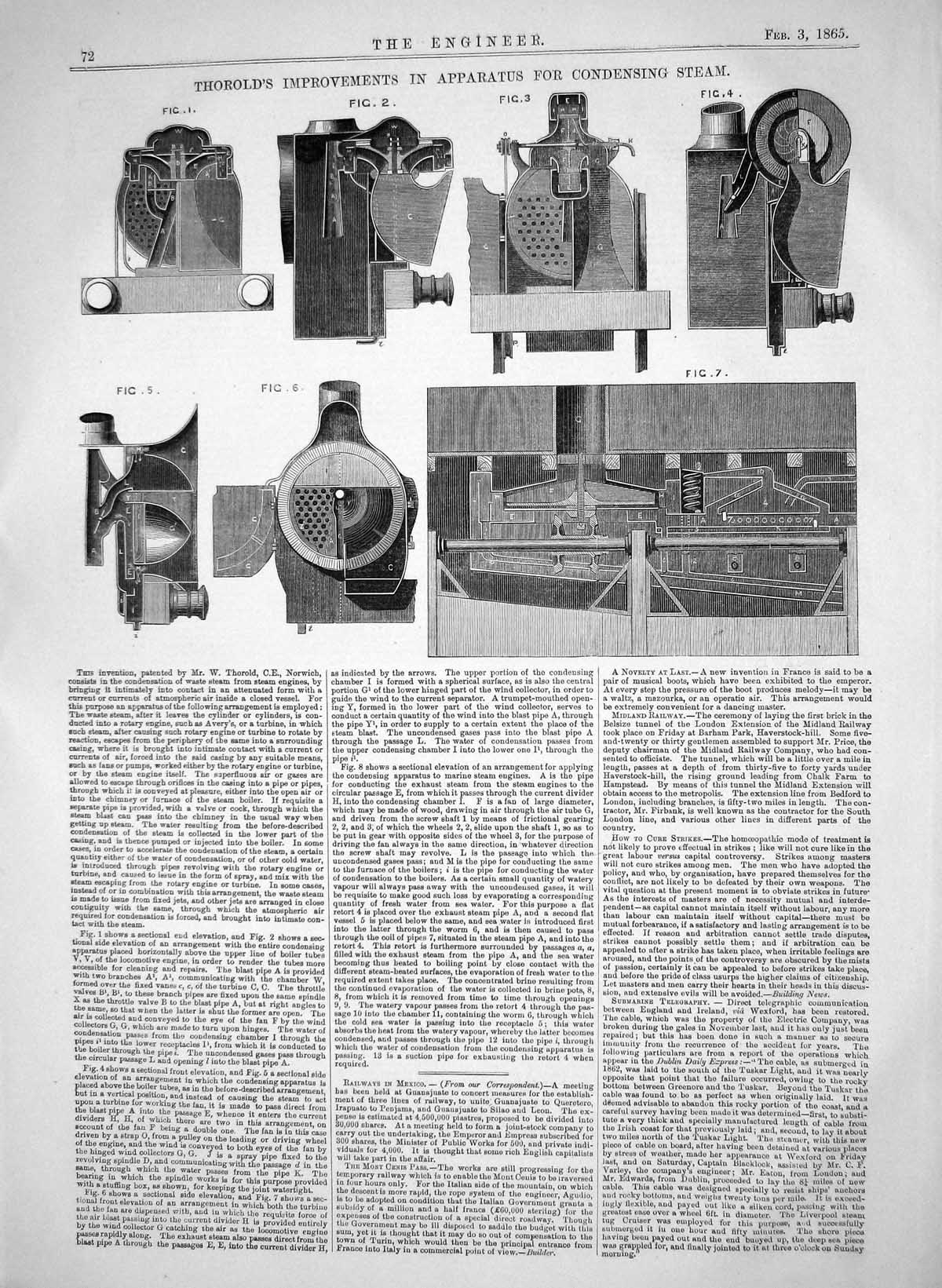 Antique Old Print 1865 ThorImprovements Apparatus Condensing Steam Machinery