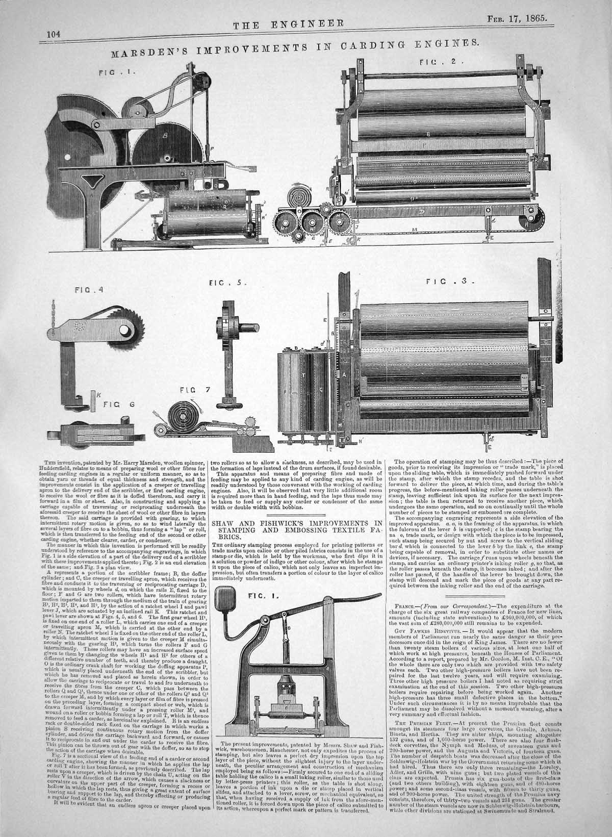 Old Print 1865 Marsden Improvements Carding Engines Shaw Fishwick Textile 19th