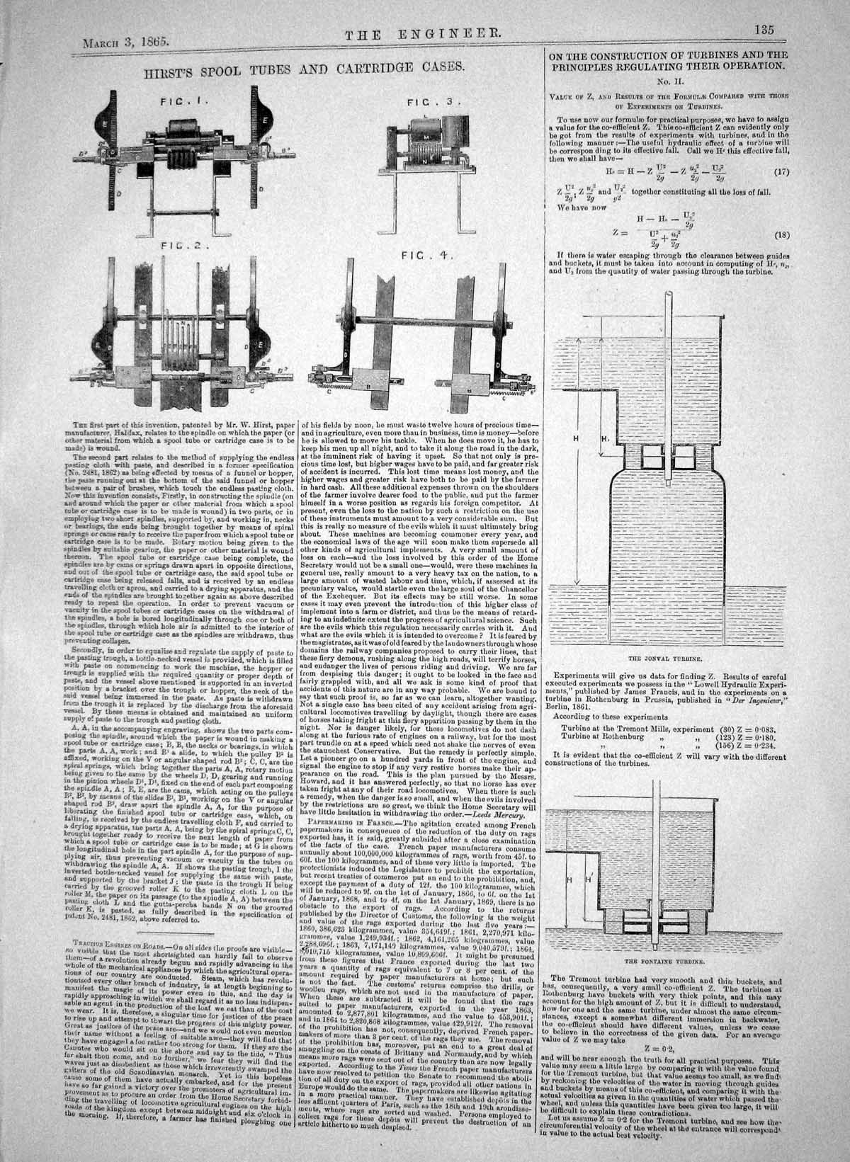 Antique Print 1865 Hirst Spool Tubes Cartridges Cases Construction Turbines