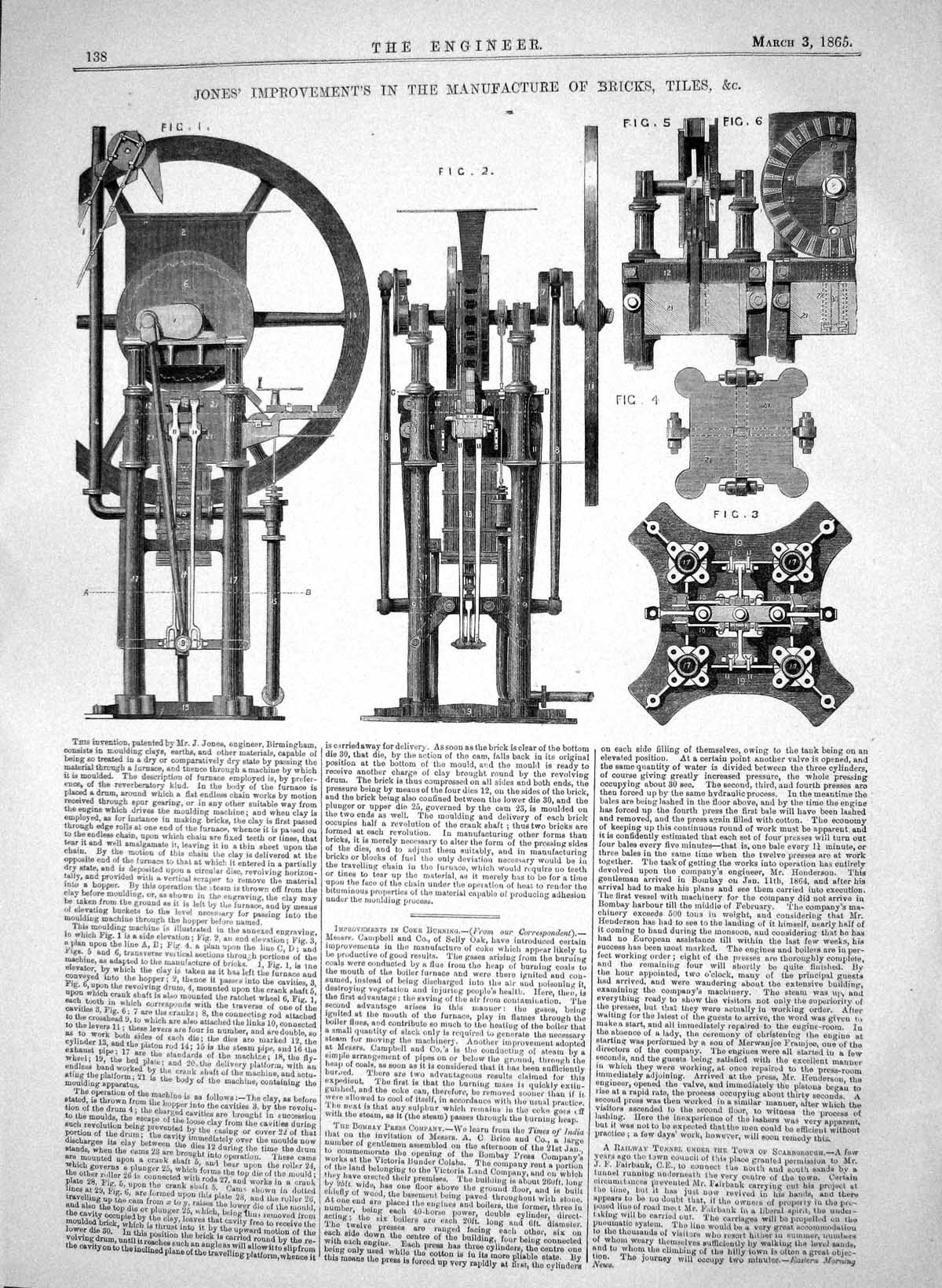 Antique Old Print 1865 Jones Improvements Manufacture Bricks Tiles Machinery