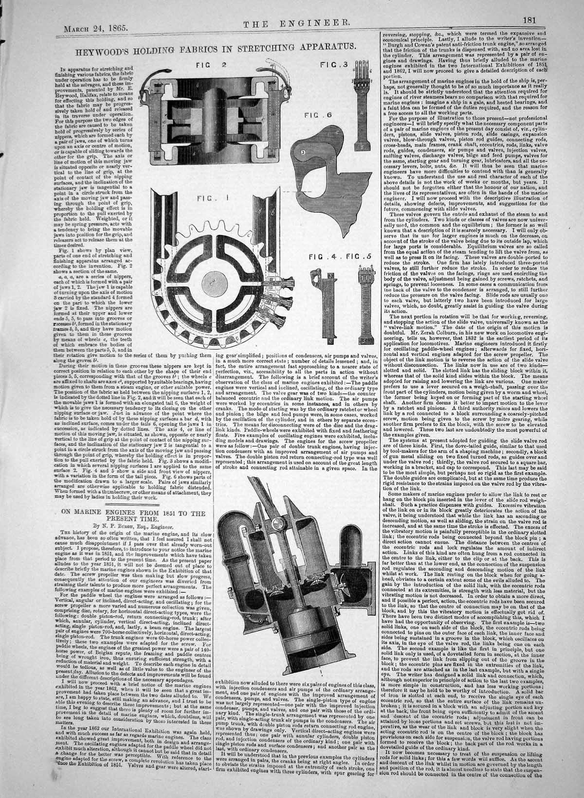Antique Print 1865 Heywood Hing Fabrics Stretching Apparatus Marine Engines