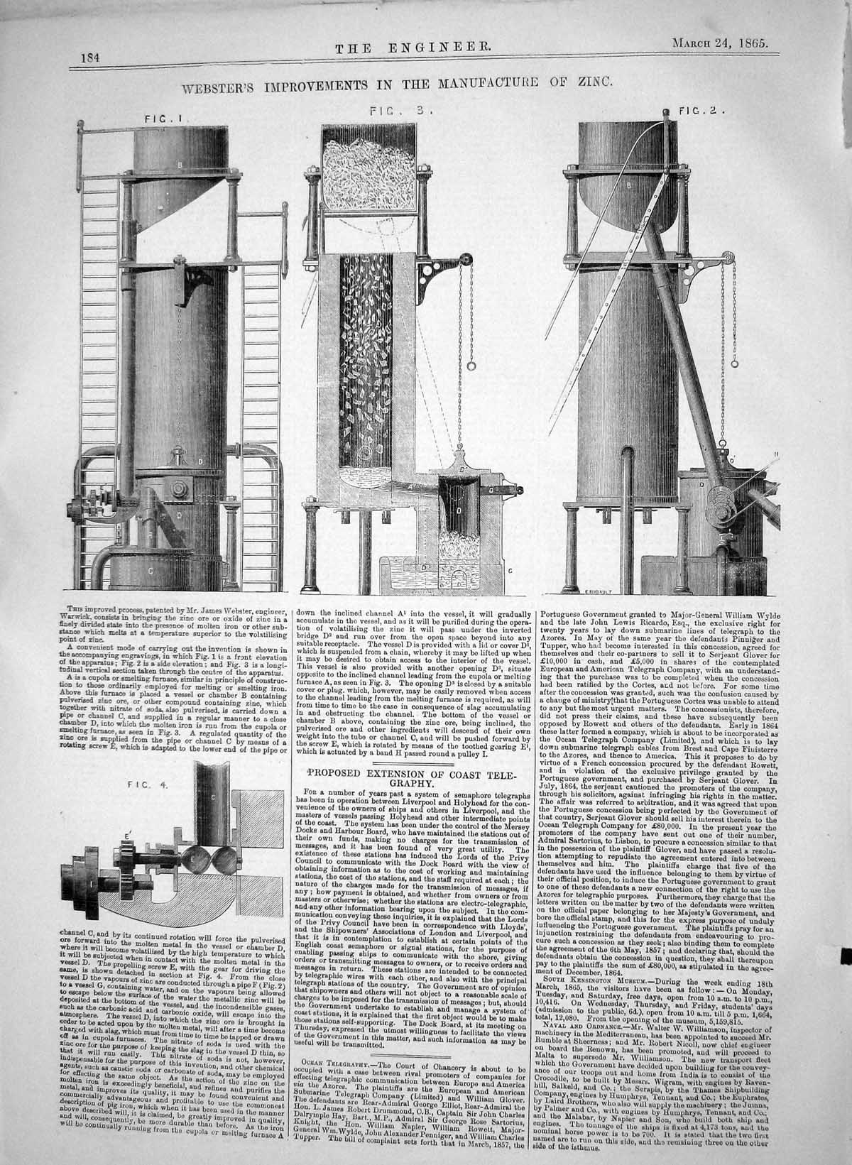Antique Old Print 1865 James Webster Improvements Manufacture Zinc Machinery