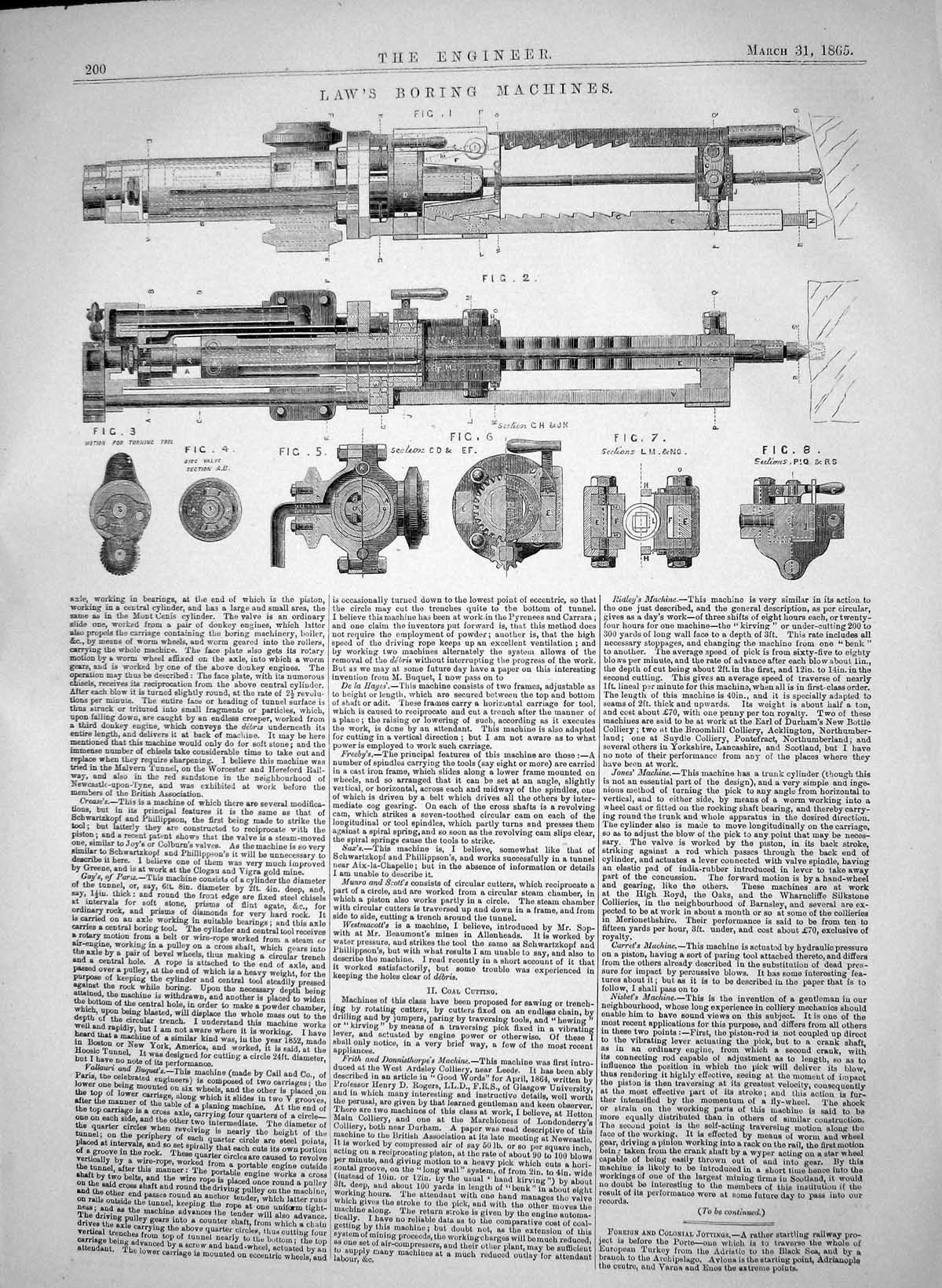 Antique Old Print Engineering 1865 Law Boring Machinery John Downie Mining 19th