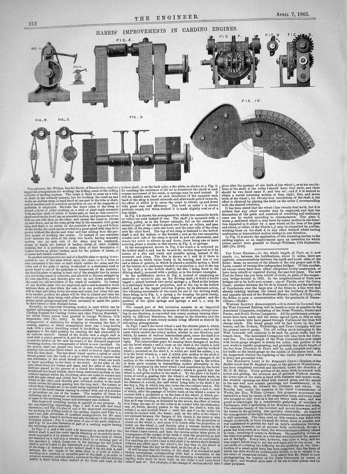 Antique Old Print 1865 William Harris Improvements Carding Engines Manchester