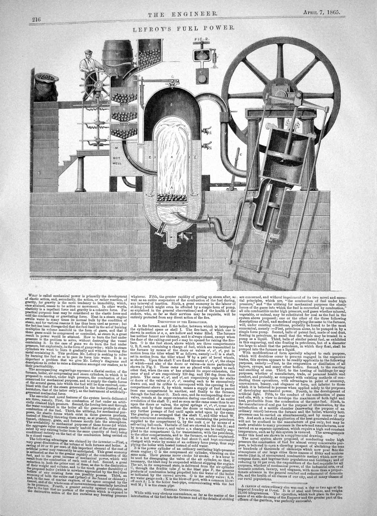 Antique Old Print Engineering 1865 Lefroy Fuel Power Machinery Furnace Boiler
