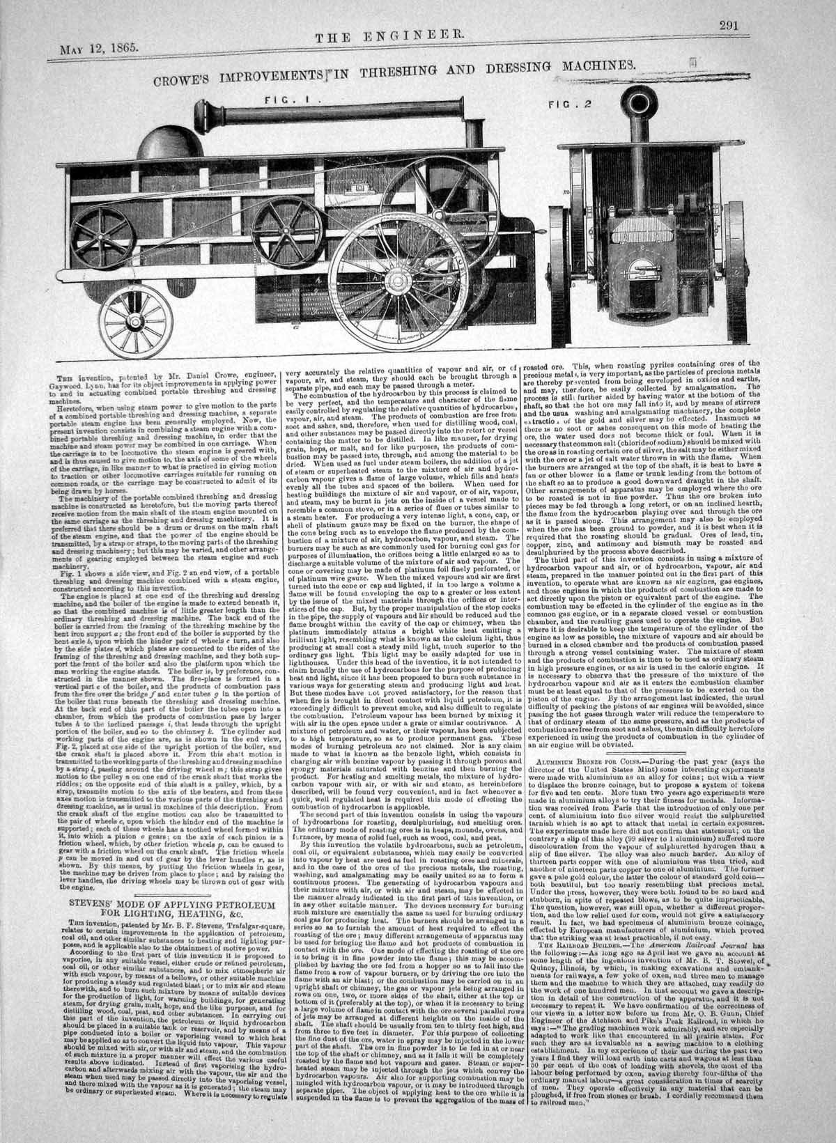 Antique Old Print 1865 Daniel Crowe Improvemants Threshing Dressing Machinery