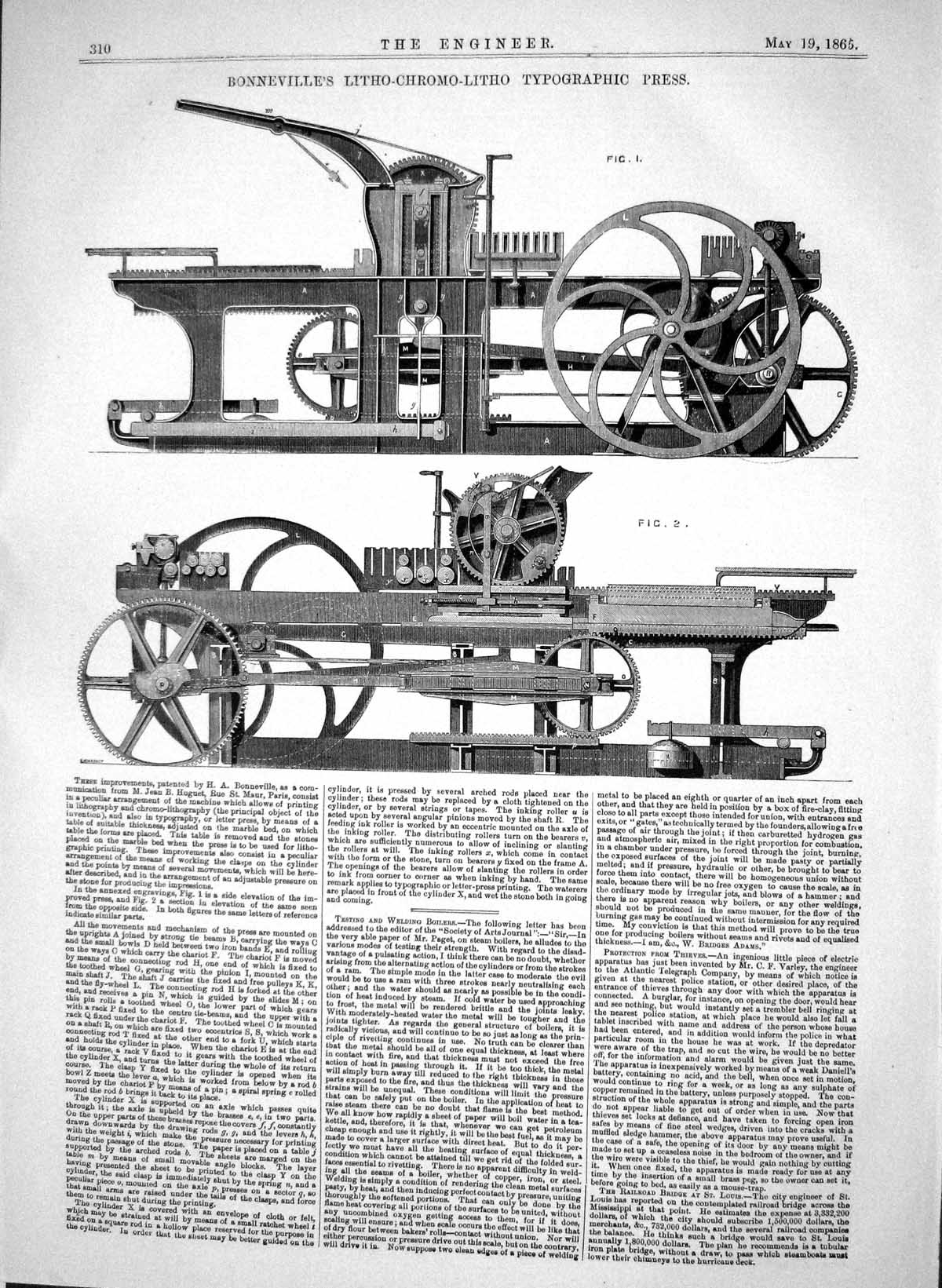 Old Print 1865 Bonneville Litho-Chromo-Litho Typographic Press Machinery 19th