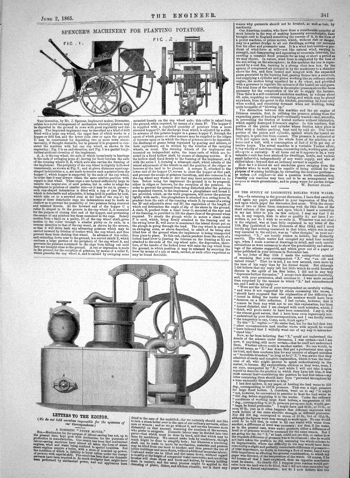 Antique Print 1865 Spencer Machinery Planting Potatoes Domestic Prime Mover