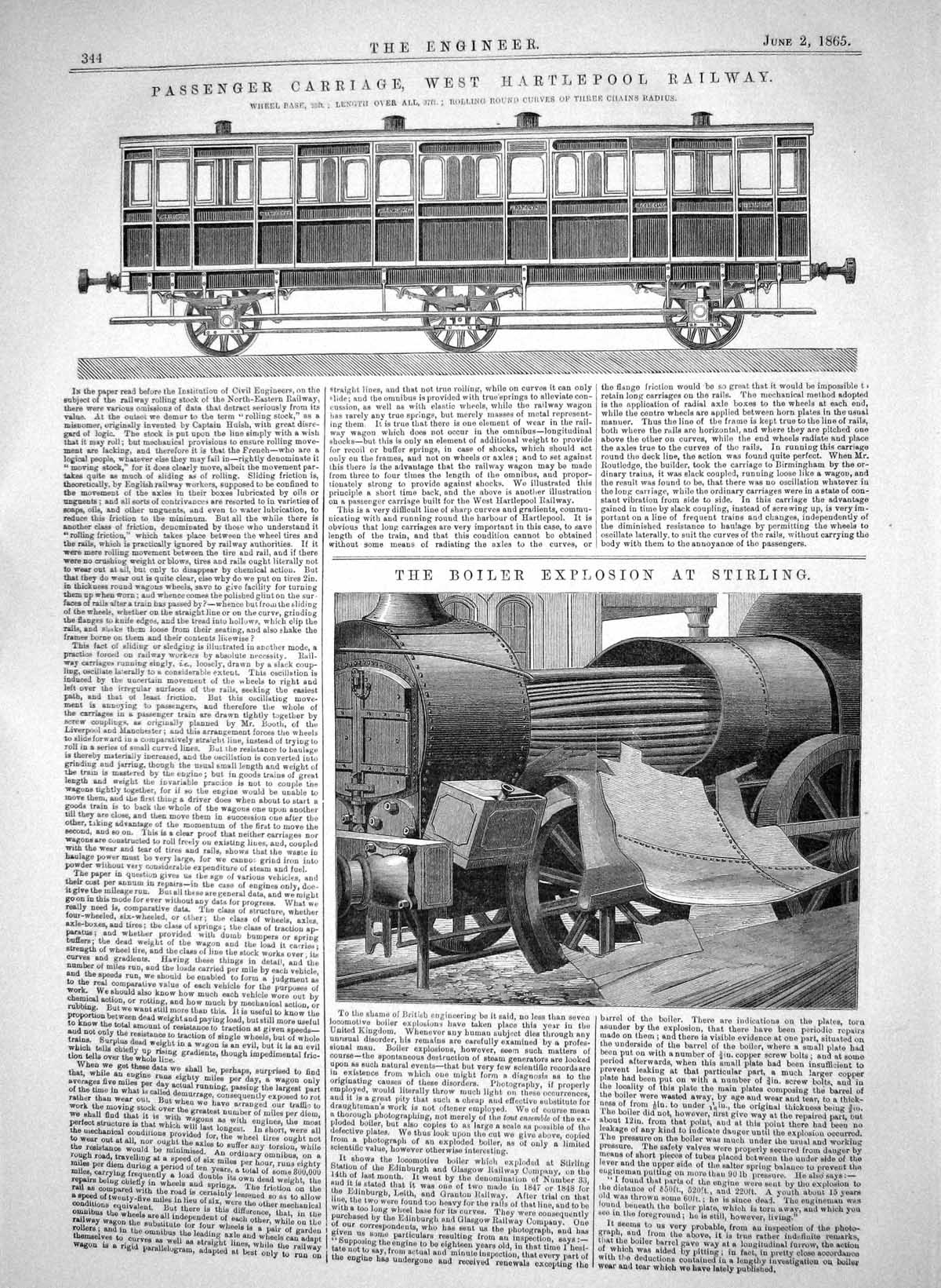 Old Print 1865 Train Carriages Hartlepool Railway Boiler Striling Cochran 19th