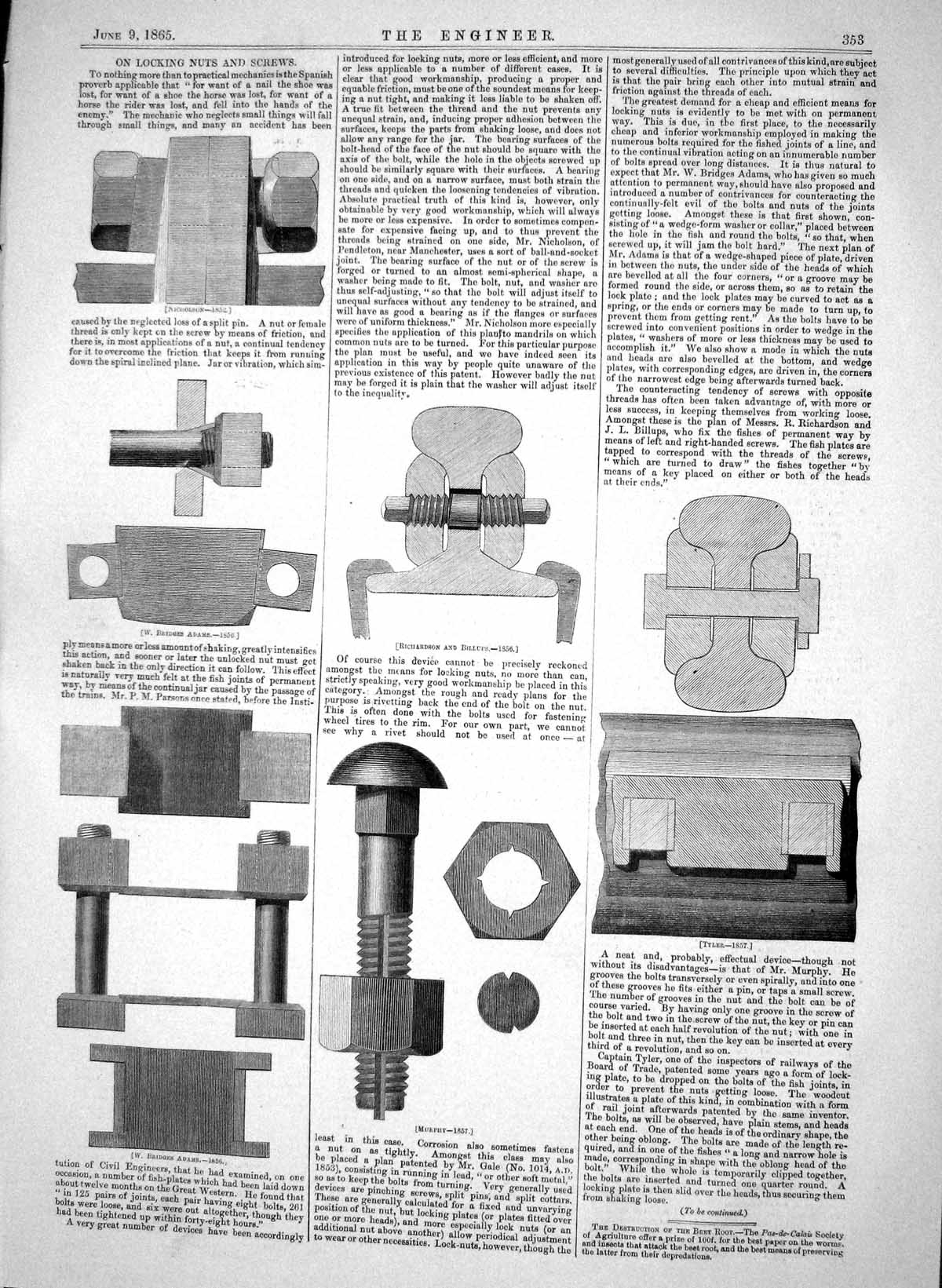 Antique Print 1865 Locking Nuts Screws Bridges Adams Murphy Tyler Nicholson