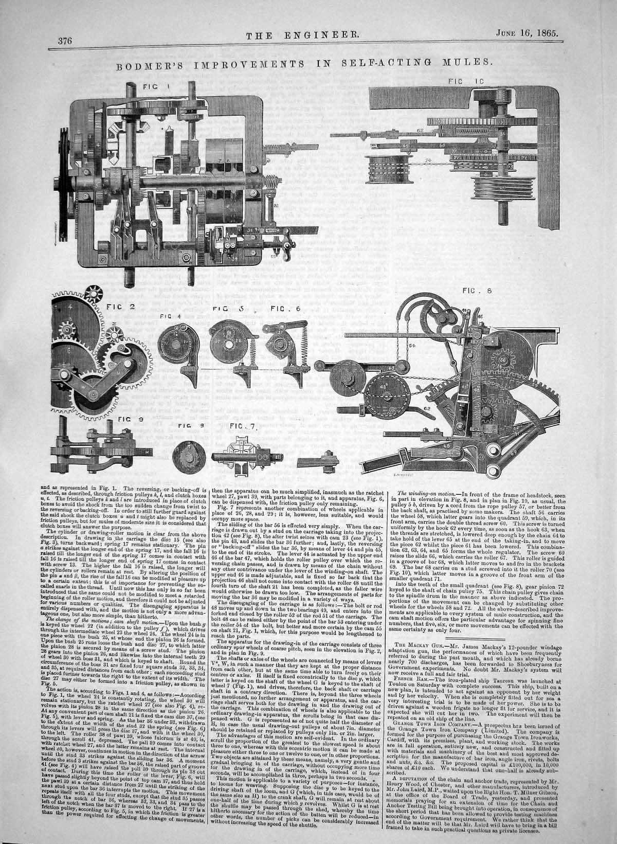 Old Engineering 1865 Bodmer Improvements Self-Acting Mules Machinery Victorian