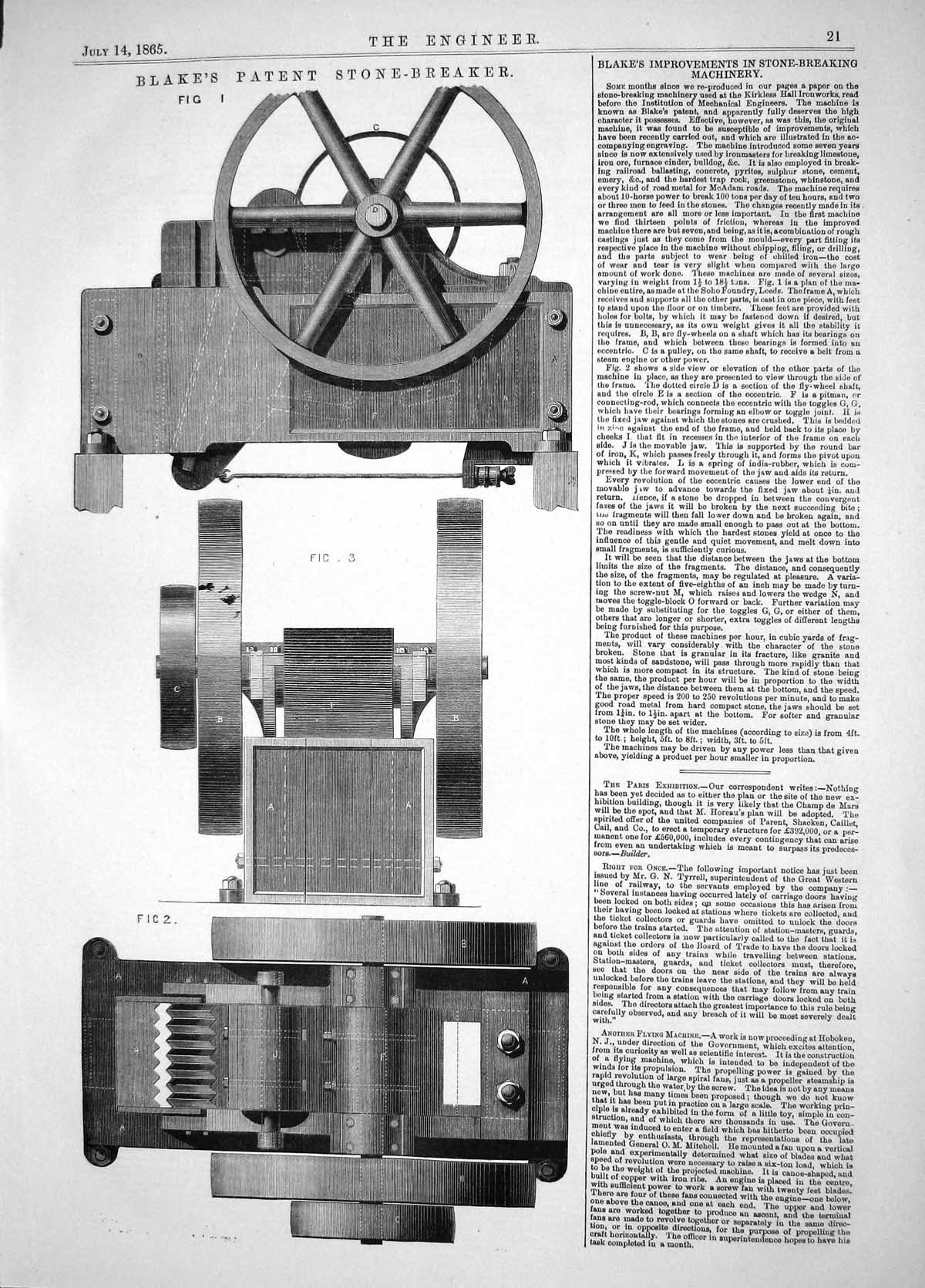Old Antique Print Engineering 1865 Blake Patent Stone-Breaker Machinery 19th