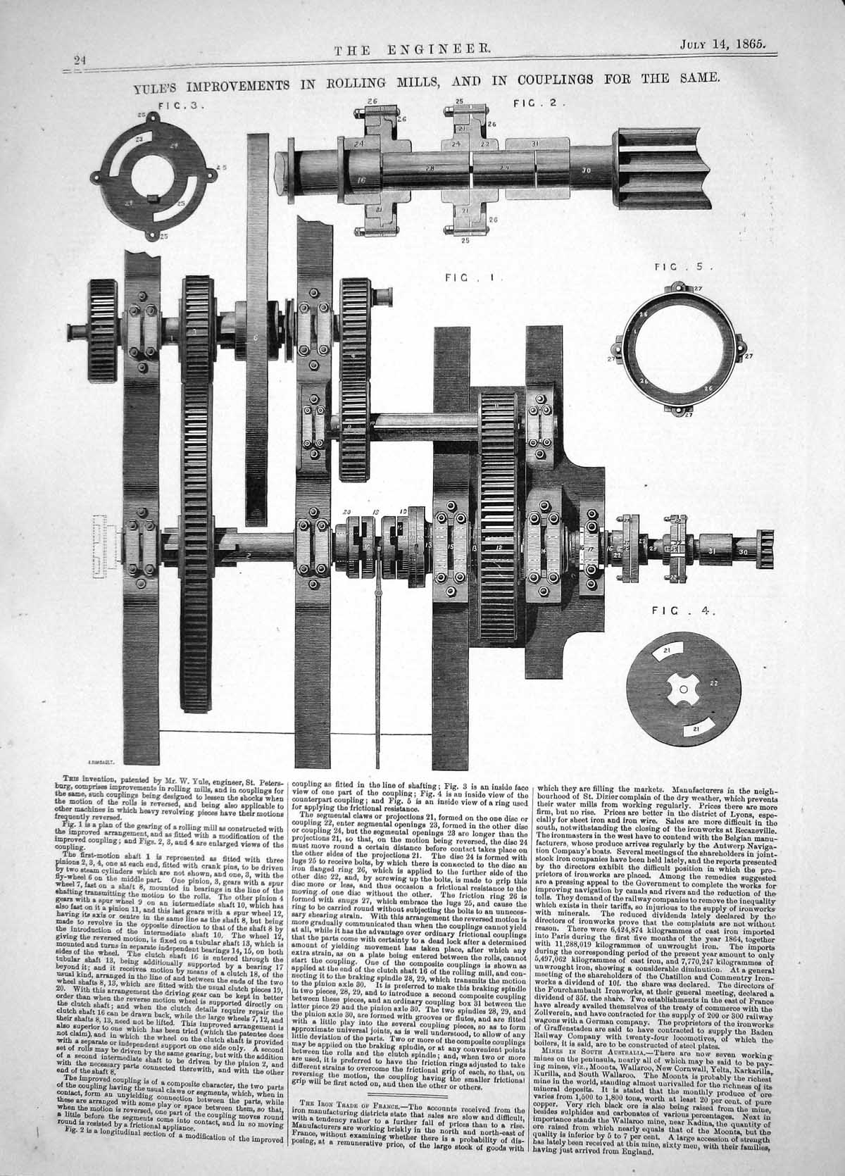 Old Engineering 1865 Yule Improvements Rolling Mills Couplings Machin Victorian