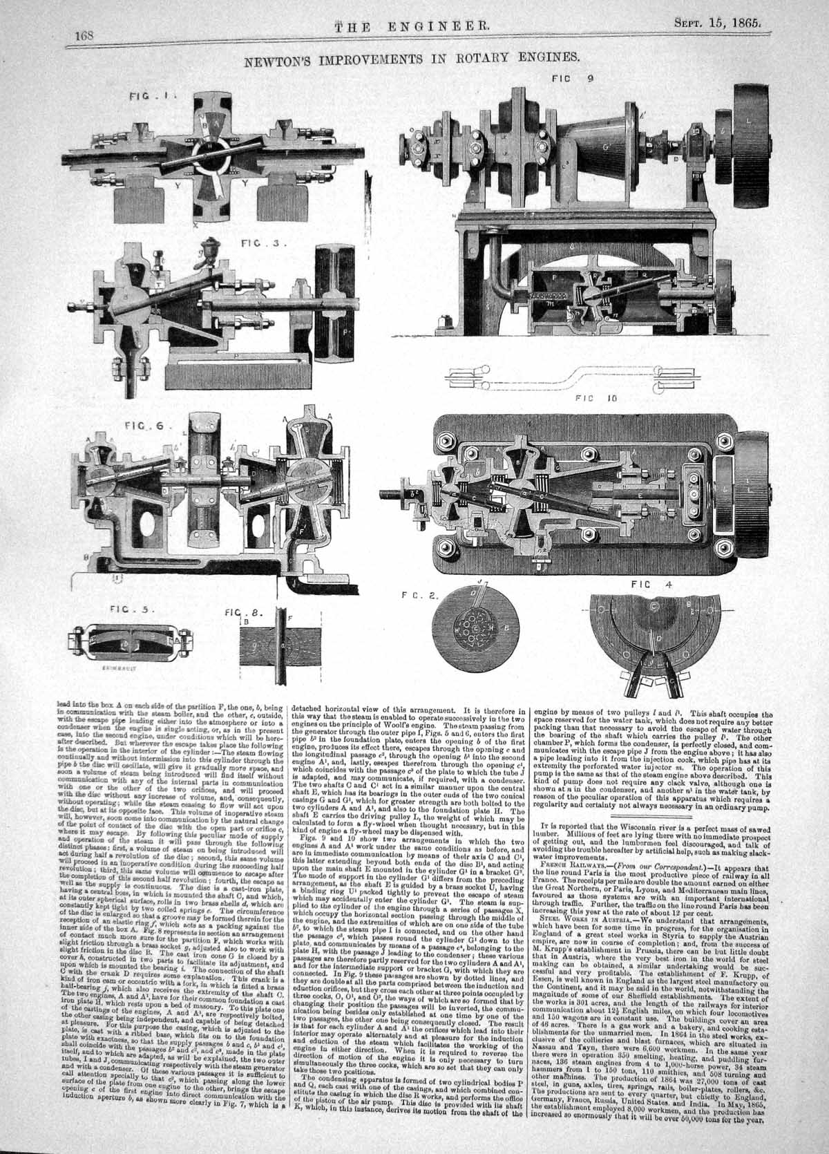 Antique Print Engineering 1865 Newton Improvements Rotary Engines Machinery