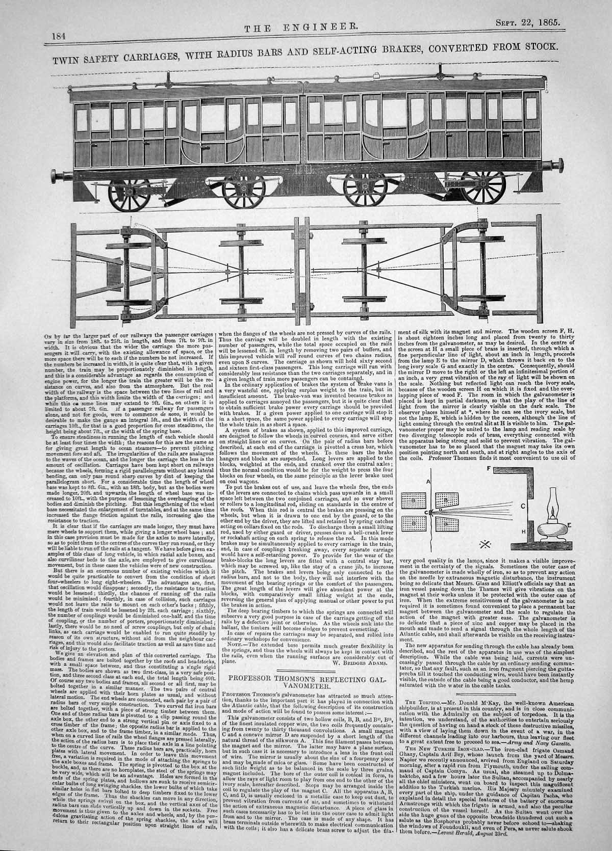 Old Print 1865 Twin Safety Carriages Radius Bars Self-Acting Brakes Train 19th