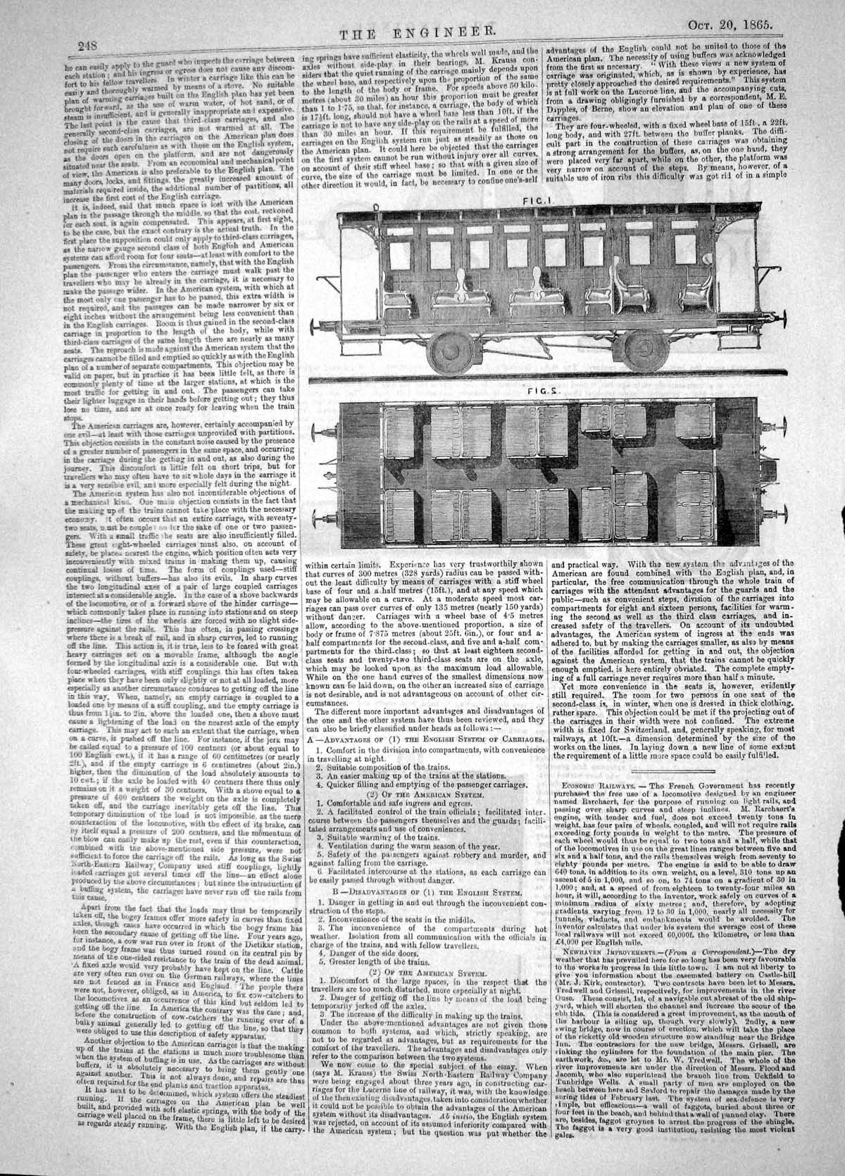 Antique Print 1865 Contrast English American Swiss Railway Train Carriages 19th