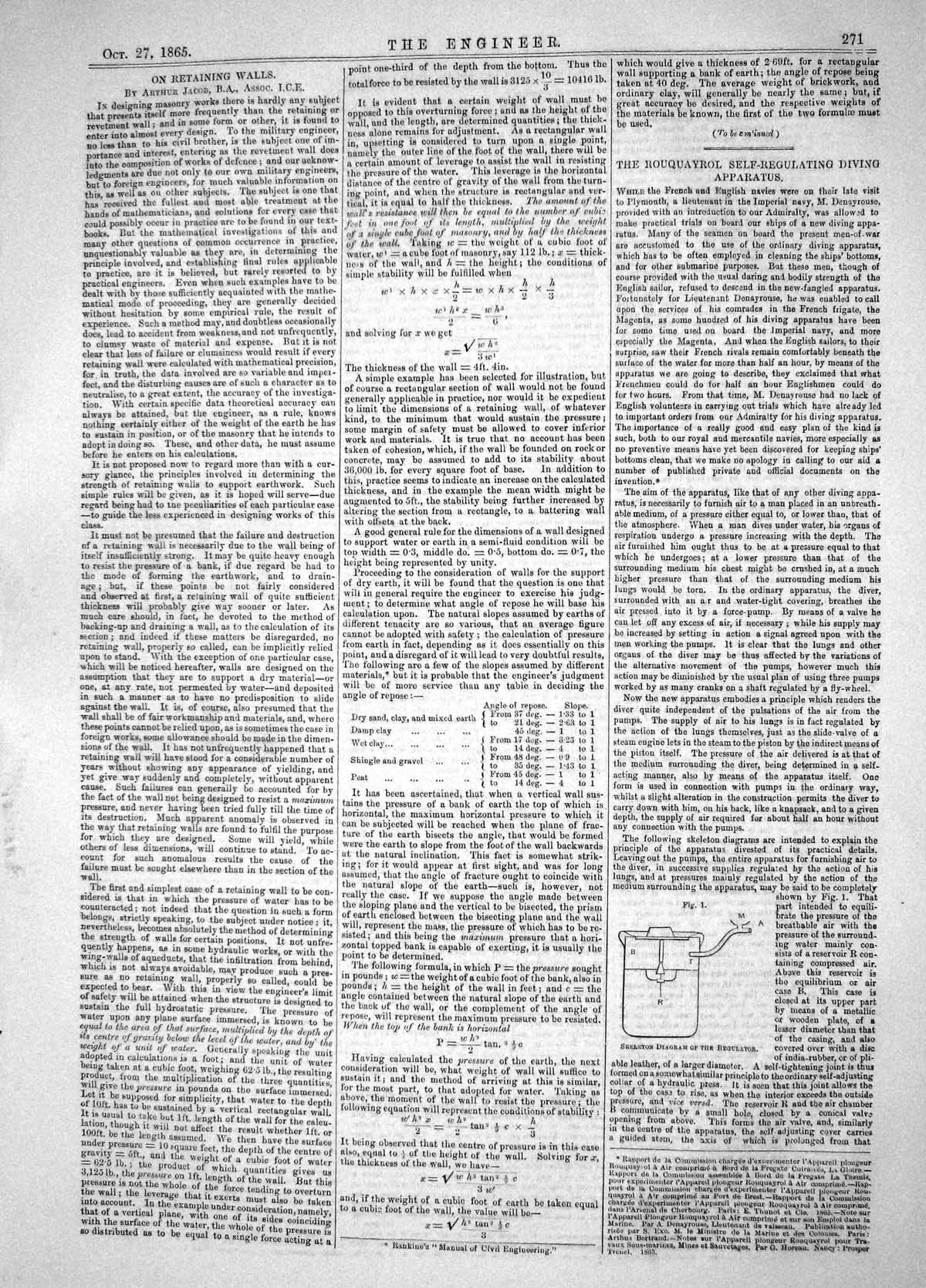 Old Print 1865 Arthur Jacob Diagrams Retaining Walls Regulator Rouquayrol 19th