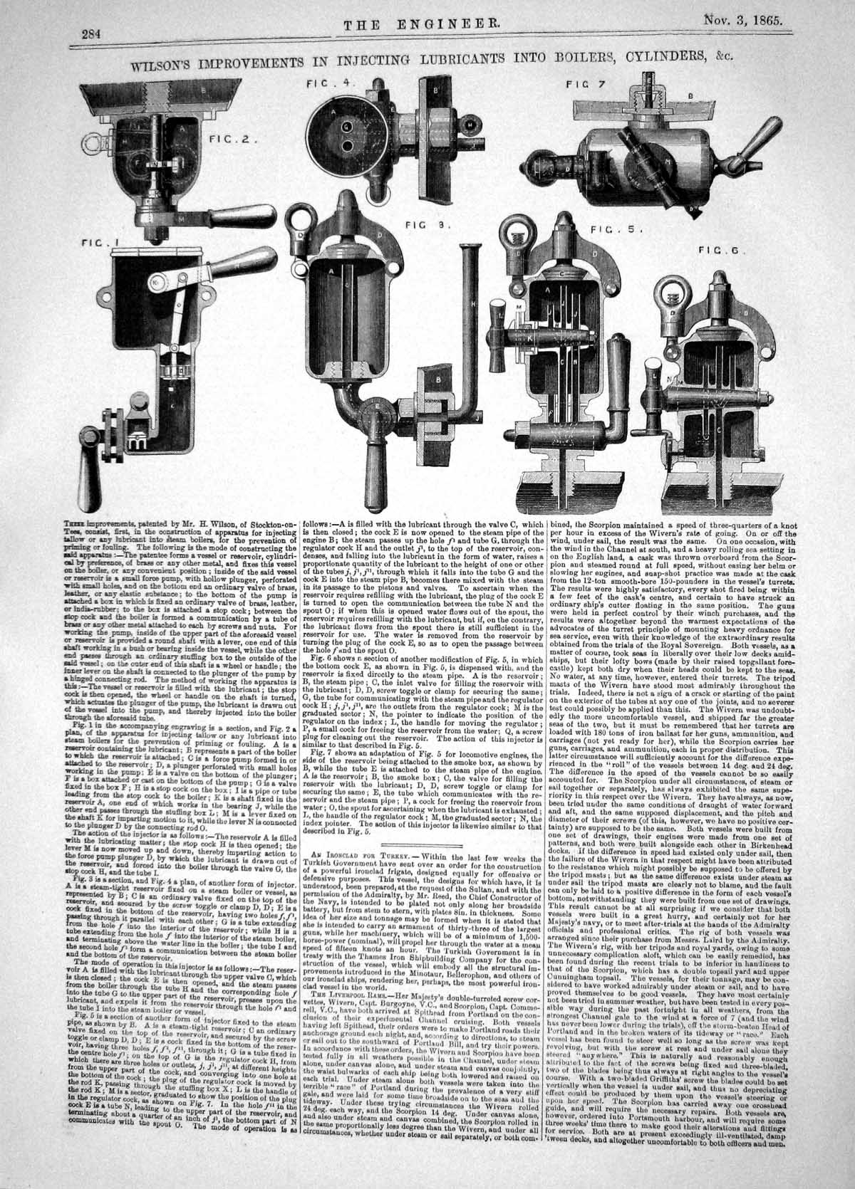Old Print 1865 Wilson Improvements Injecting Lubricants Boilers Cylinders 19th