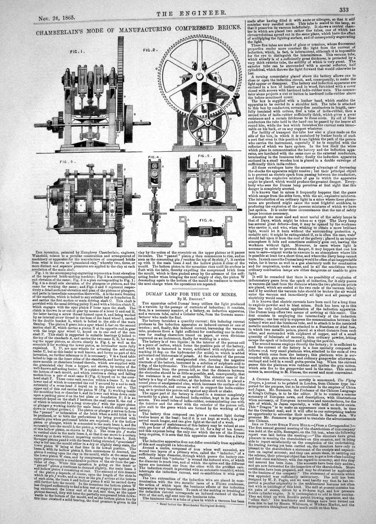 Old Print 1865 Humphrey Chamberlain Mode Manufacturing Compressed Bricks 19th