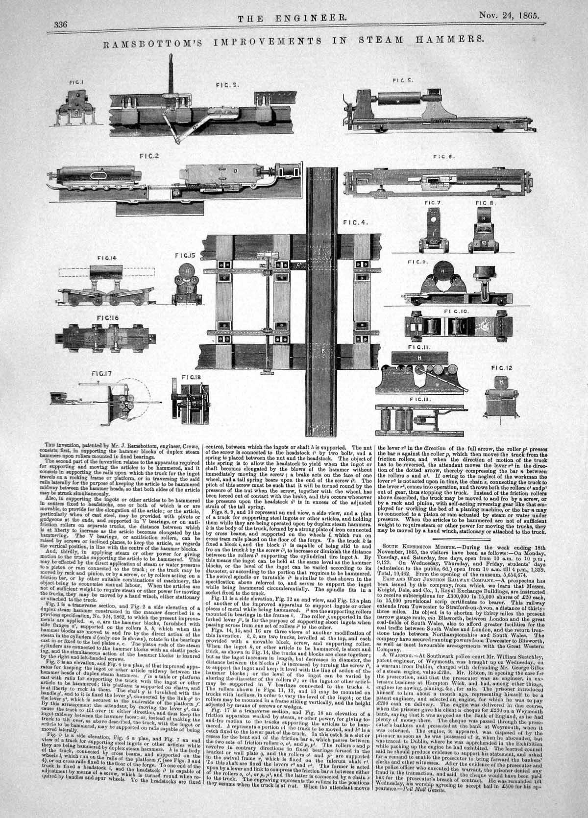 Antique Old Print 1865 Ramsbottom Improvements Steam Hammers Crewe Machinery