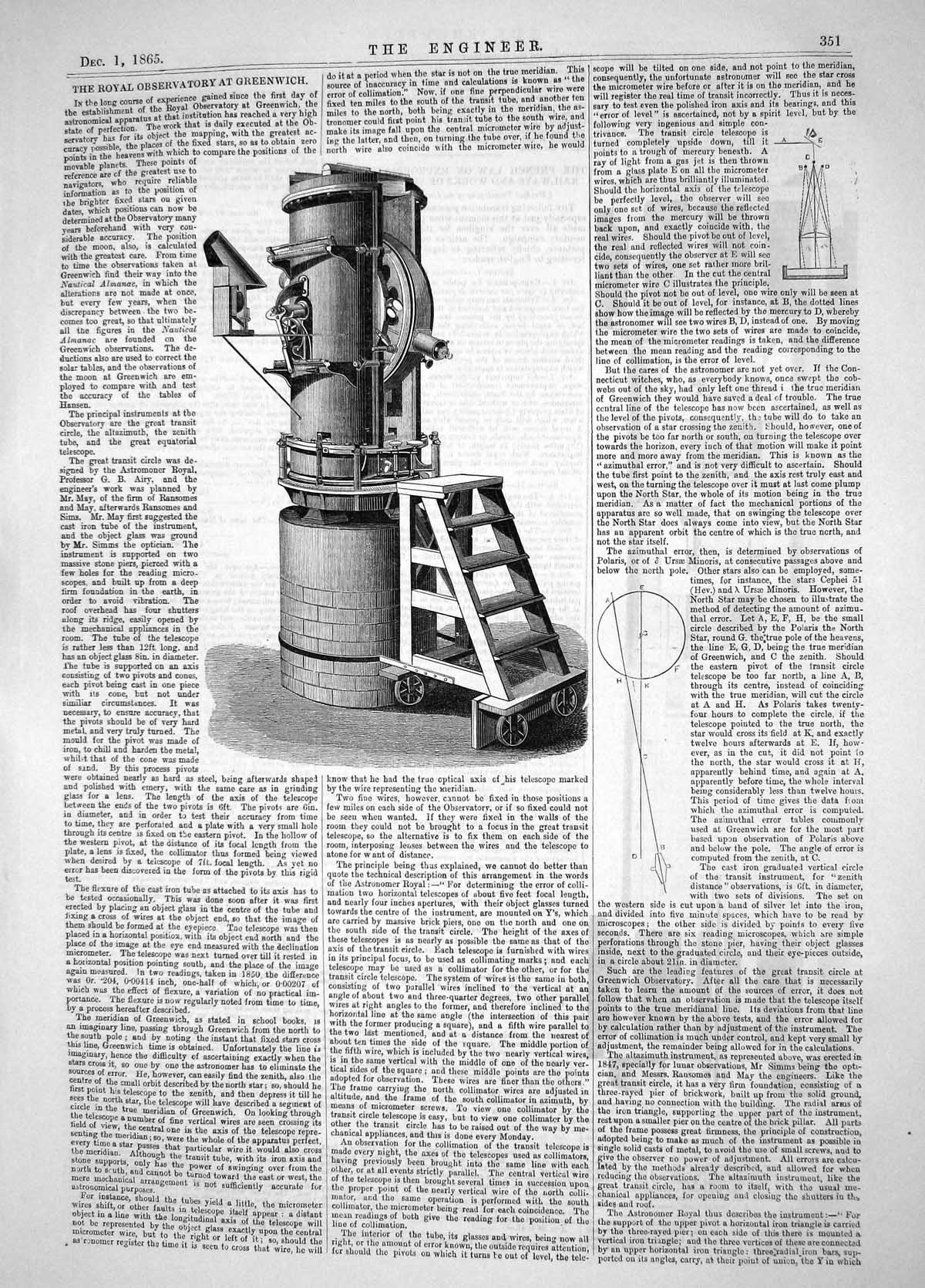 Old Print Royal Observatory Greenwich Astronomy Diagrams Engineering 1865 19th