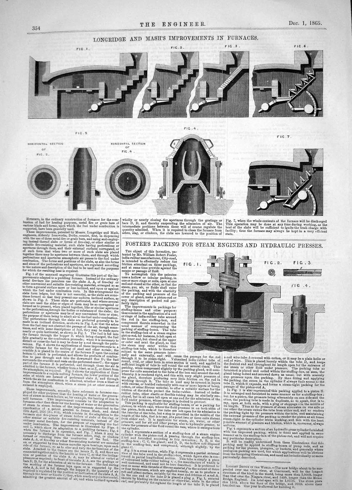 Old Print 1865 Longridge Mash Improvements Furnaces Foster Steam Engines 19th