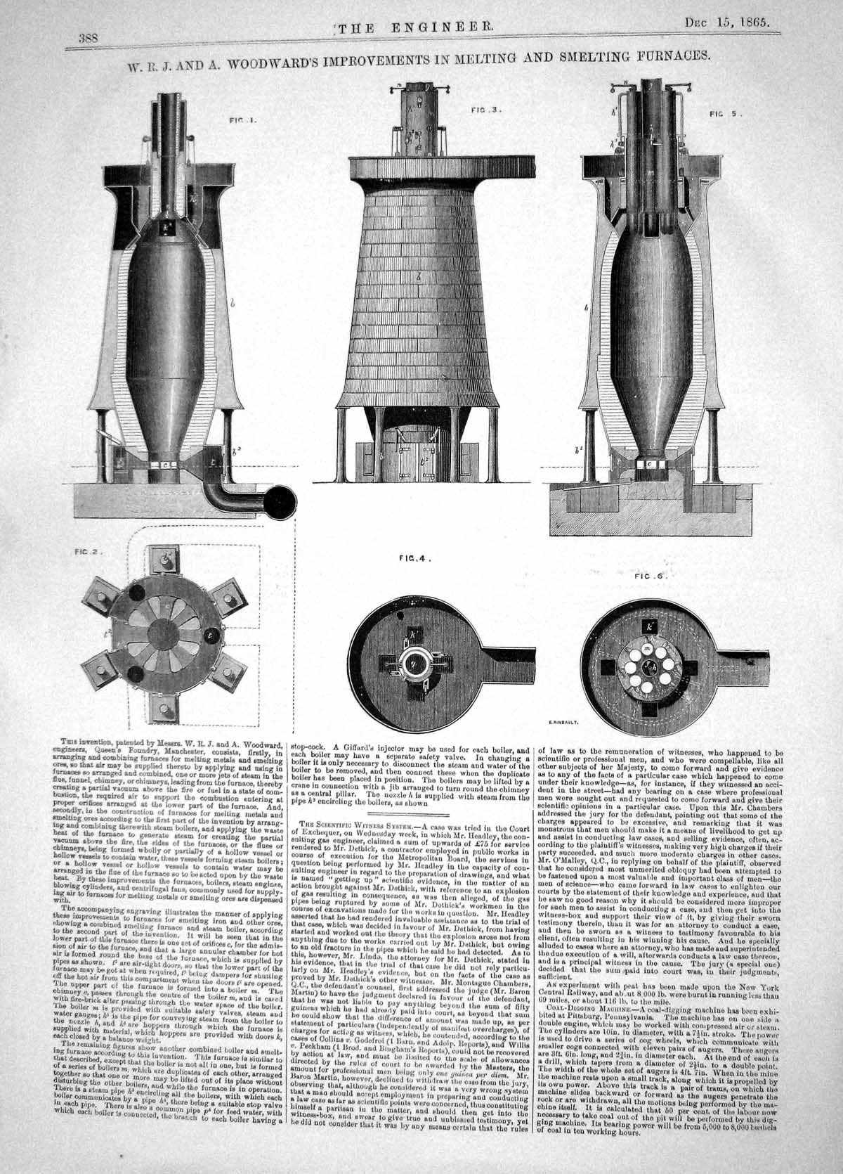 Old Print 1865 Woodward Improvements Melting Smelting Furnaces Machinery 19th