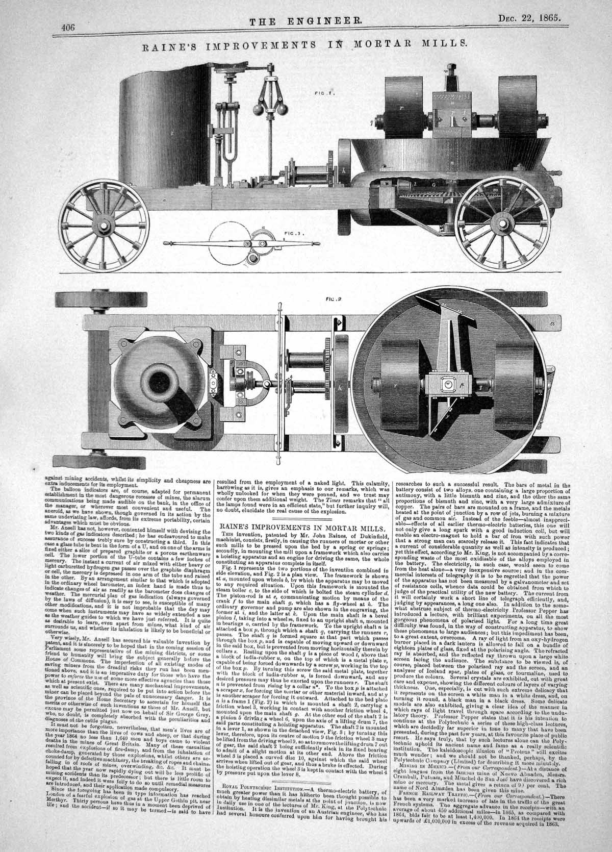 Old Print 1865 John Raine Improvements Mortar Mills Dukinfield Machinery 19th