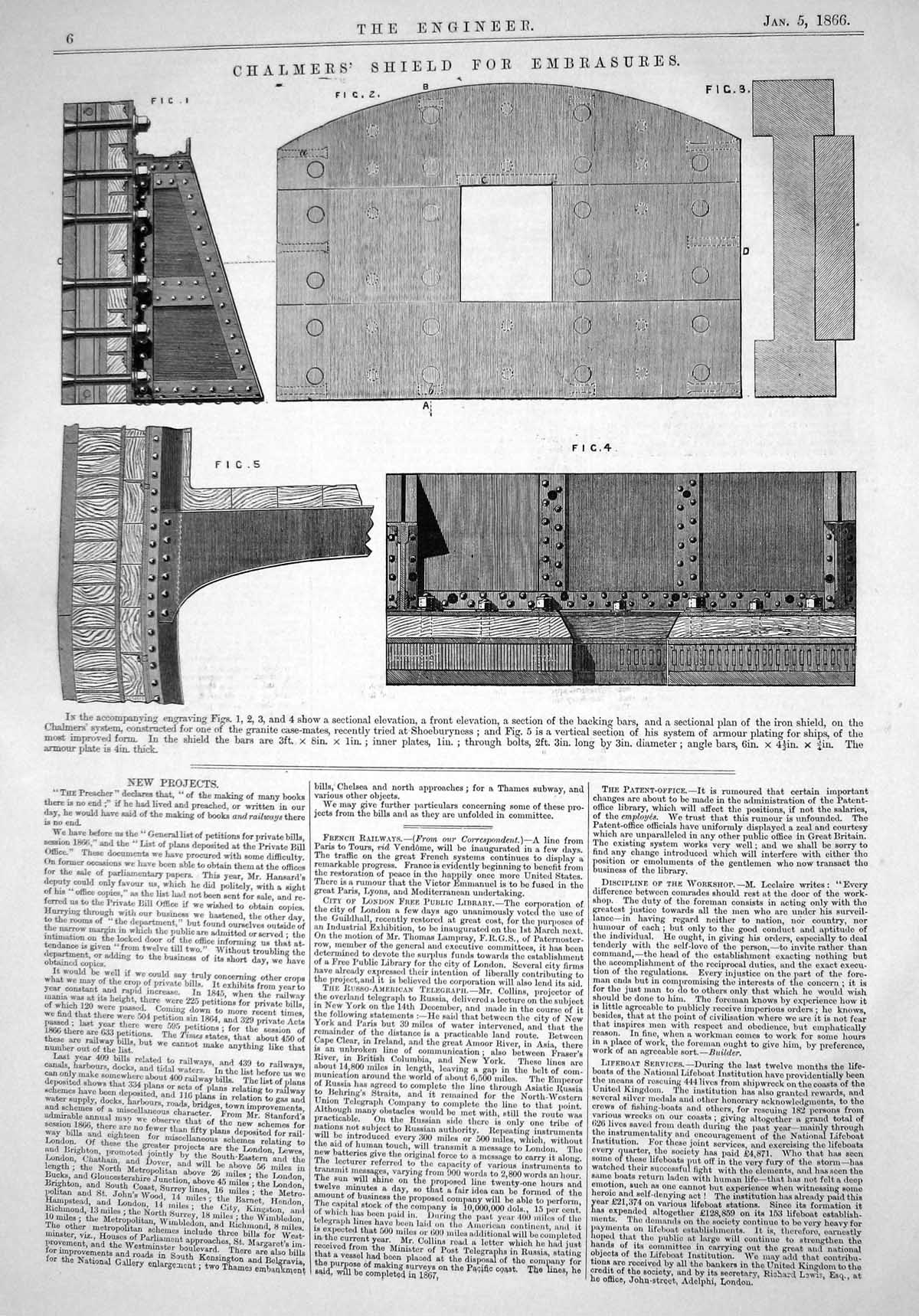 Antique Print Engineering 1866 Chalmers Iron Shield Embrasures Shoeburyness